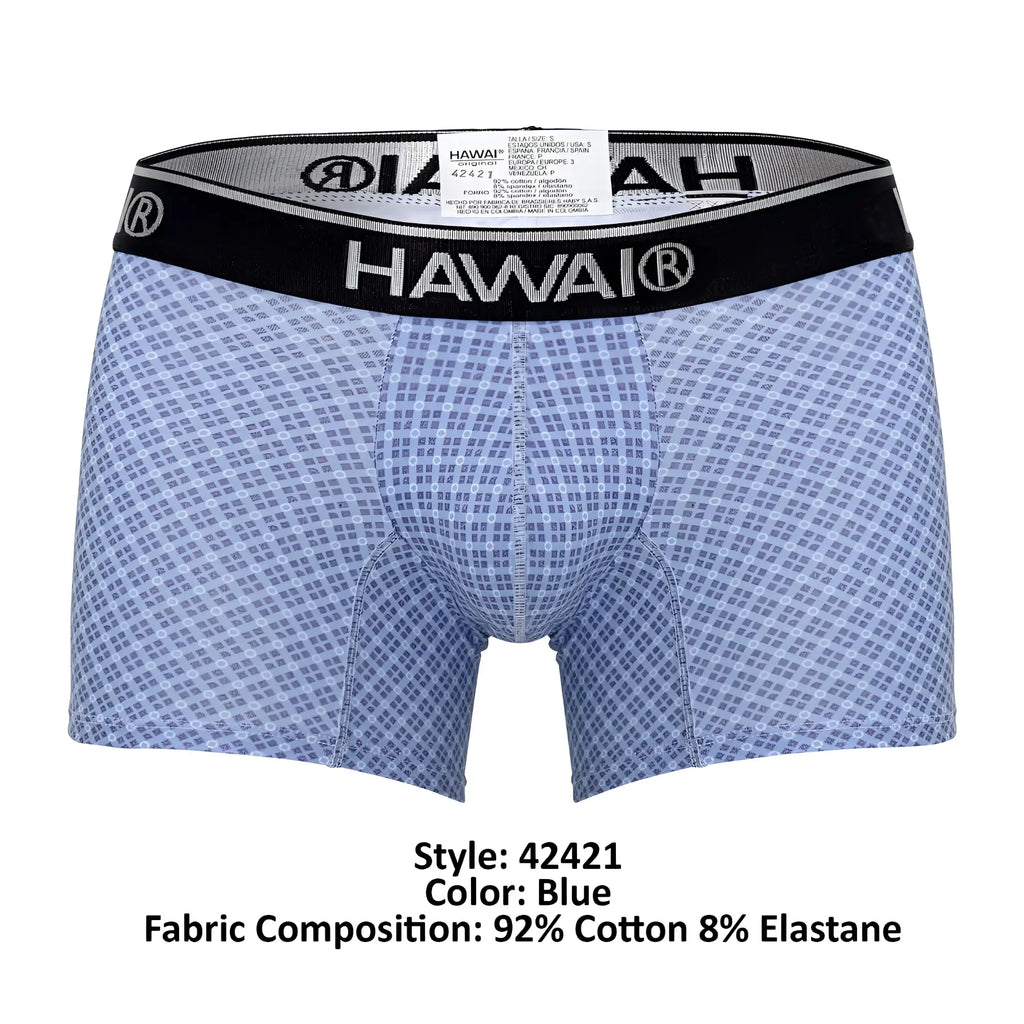 Blue patterned men’s boxer briefs with black waistband featuring hawai brand name from hawai 42421 printed trunks
