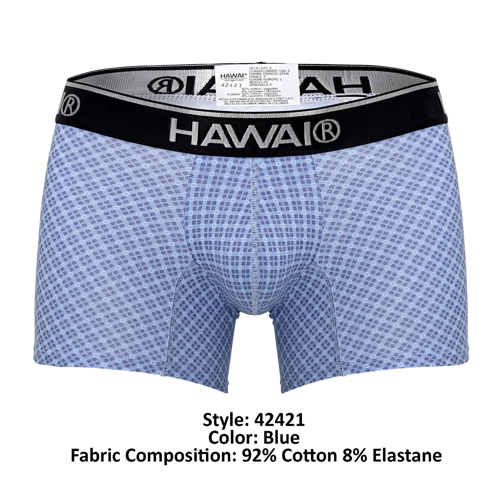 Blue patterned men’s boxer briefs with black waistband featuring hawai brand name from hawai 42421 printed trunks