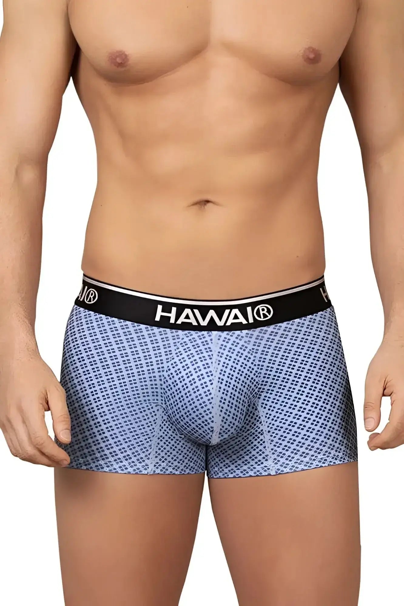Blue patterned men’s briefs with black waistband and hawai brand name in white lettering model 42421 printed trunks
