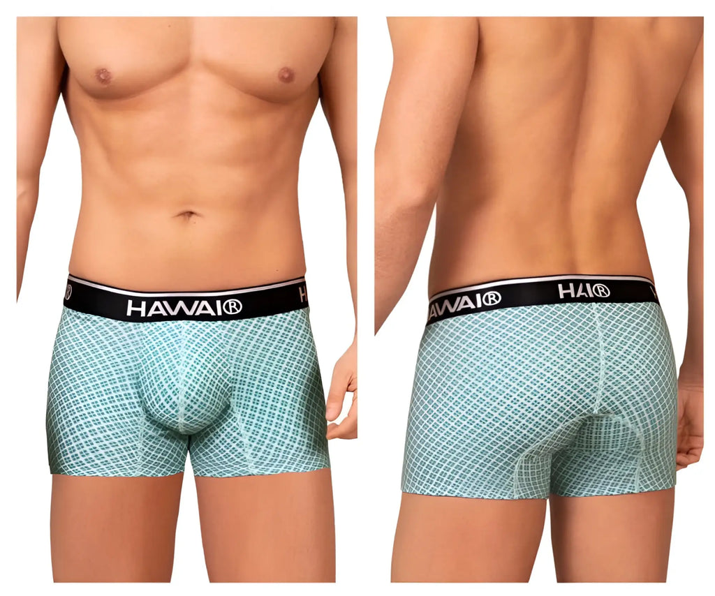 Light blue patterned boxer briefs with black hawaii waistband in a green color from HAWAI 42421 printed trunks collection