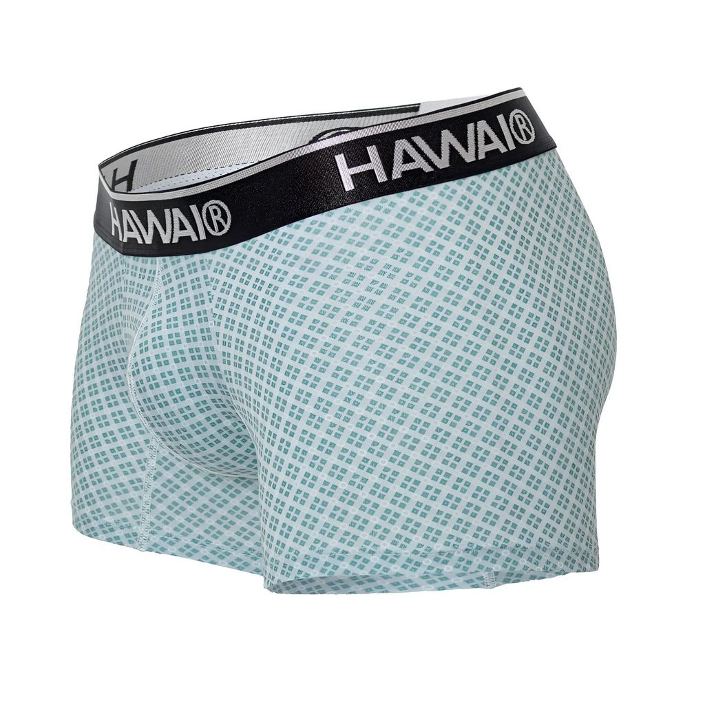 Men’s HAWAI 42421 printed trunks in light green and white checkered fabric with black waistband for comfortable wear