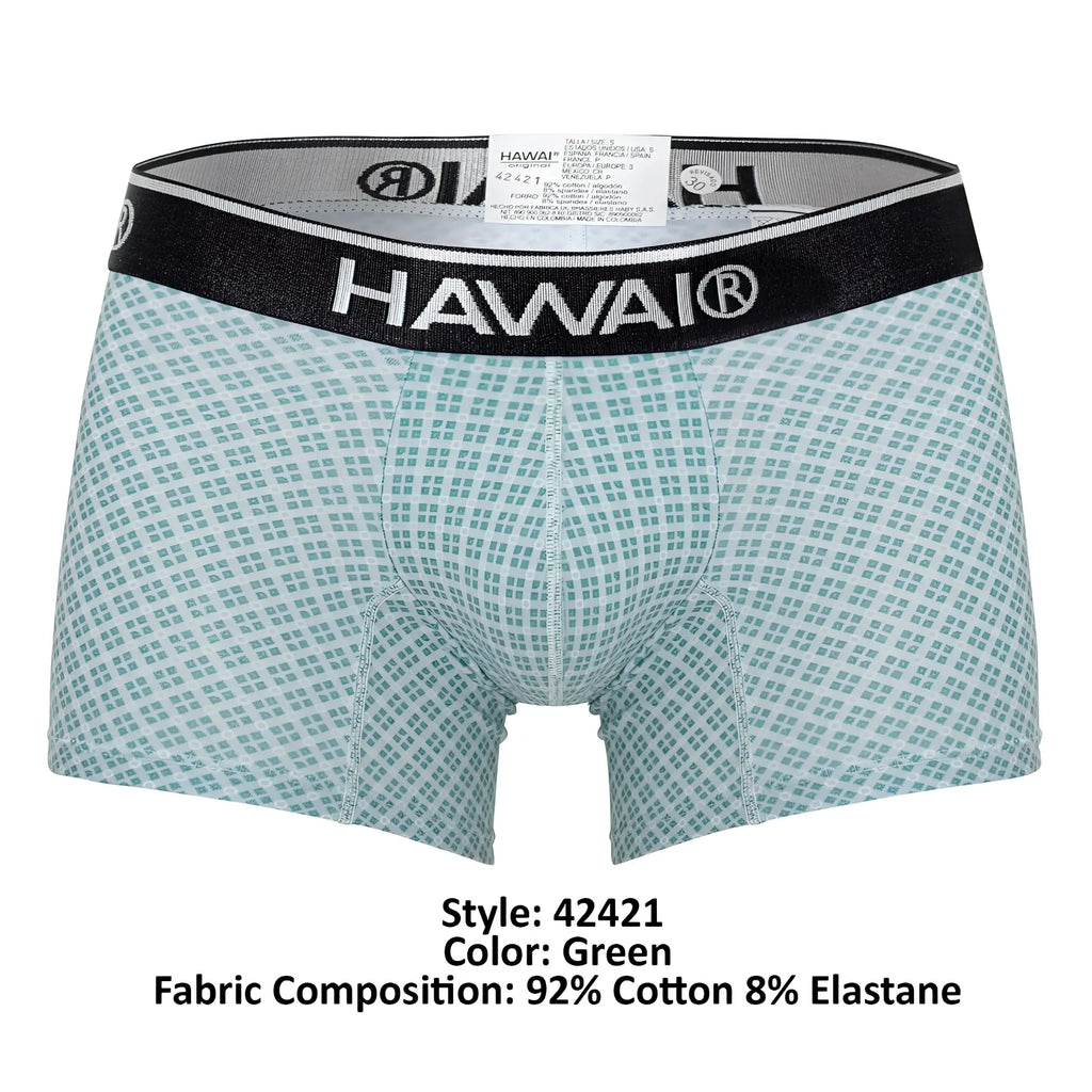 Green patterned boxer briefs with a black waistband featuring the Hawai brand name in white lettering