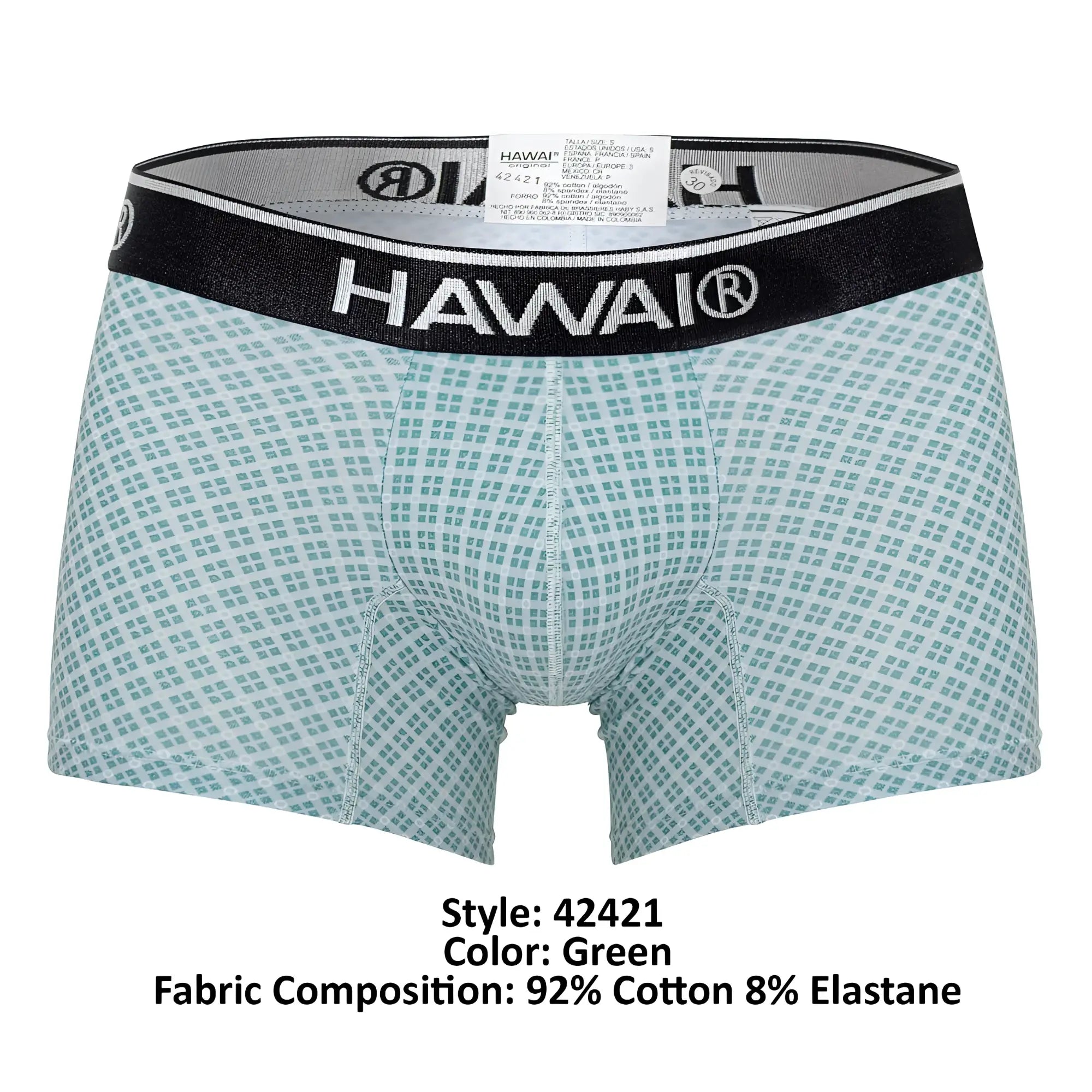 Green patterned boxer briefs with a black waistband featuring the Hawai brand name in white lettering