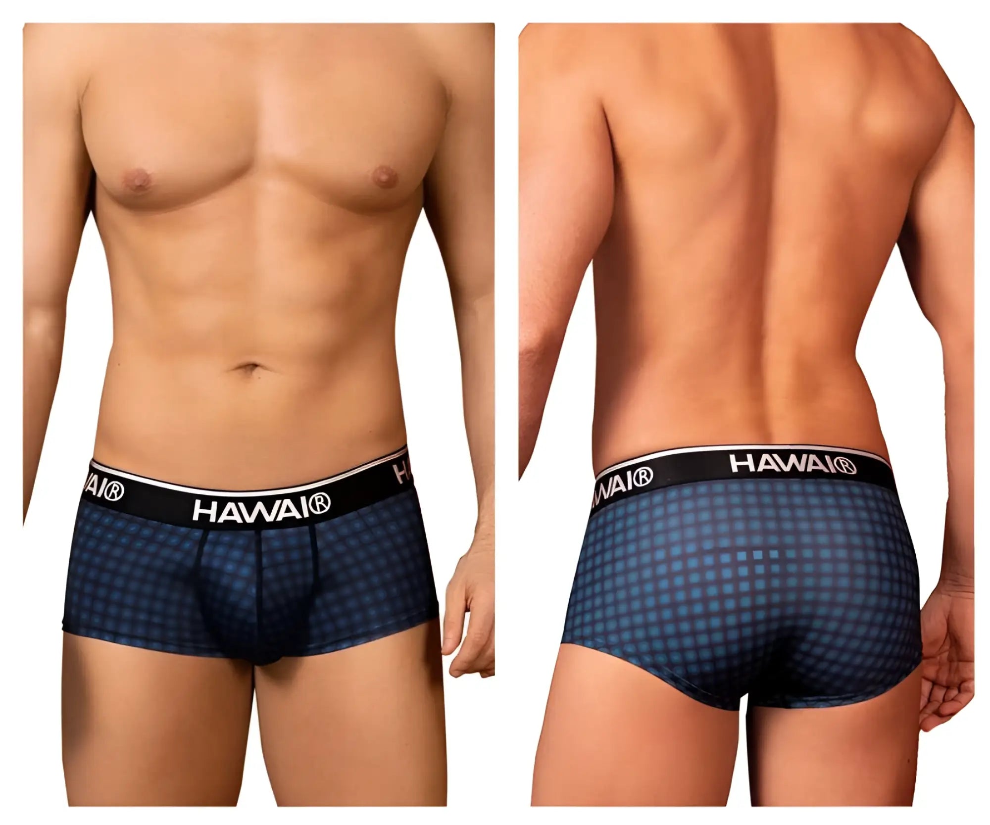 Blue checkered Hawaii 42430 printed men’s briefs with black elastic waistband featuring brand logo