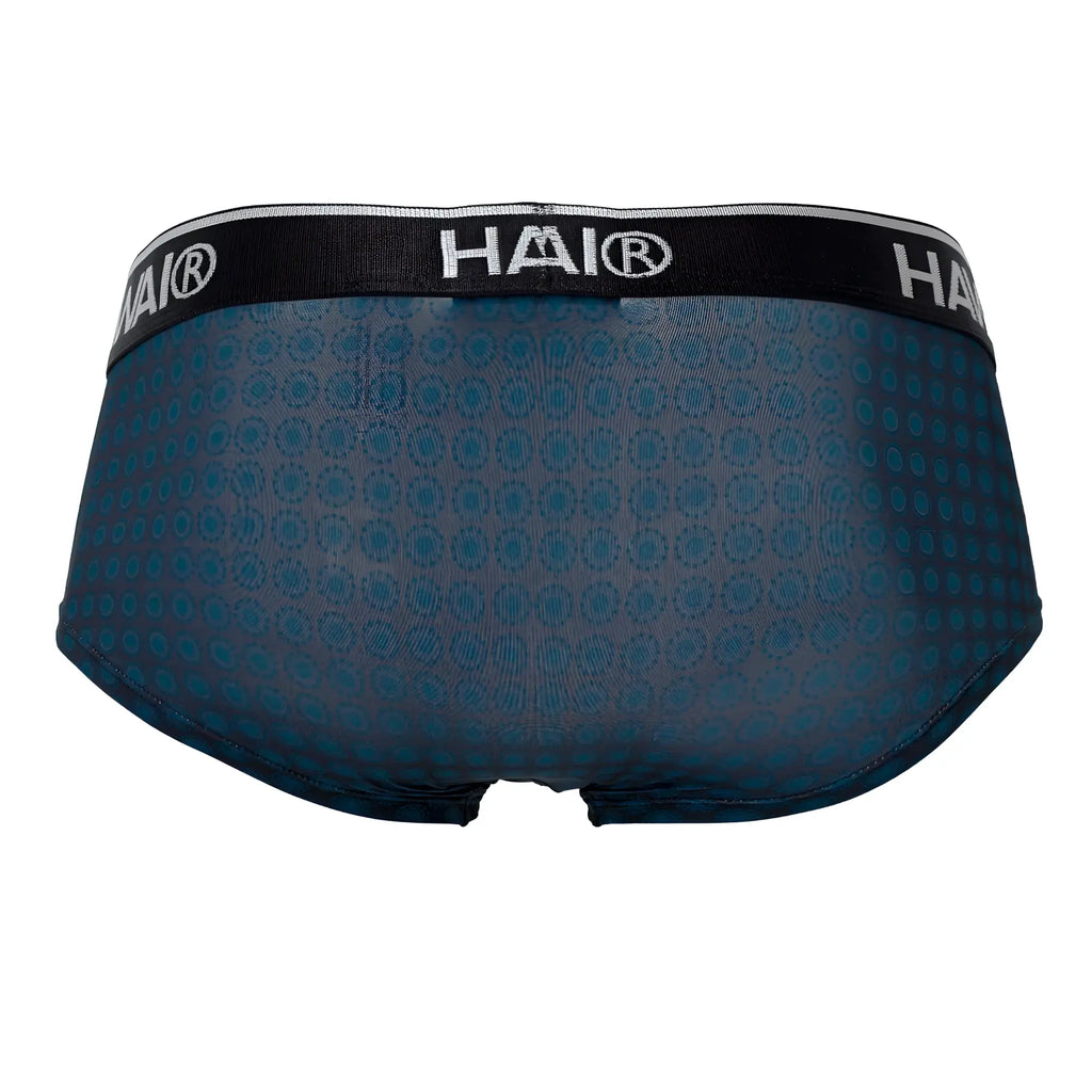 Dark blue hawai 42430 printed briefs with subtle teal circle pattern and black hai® logo waistband for men