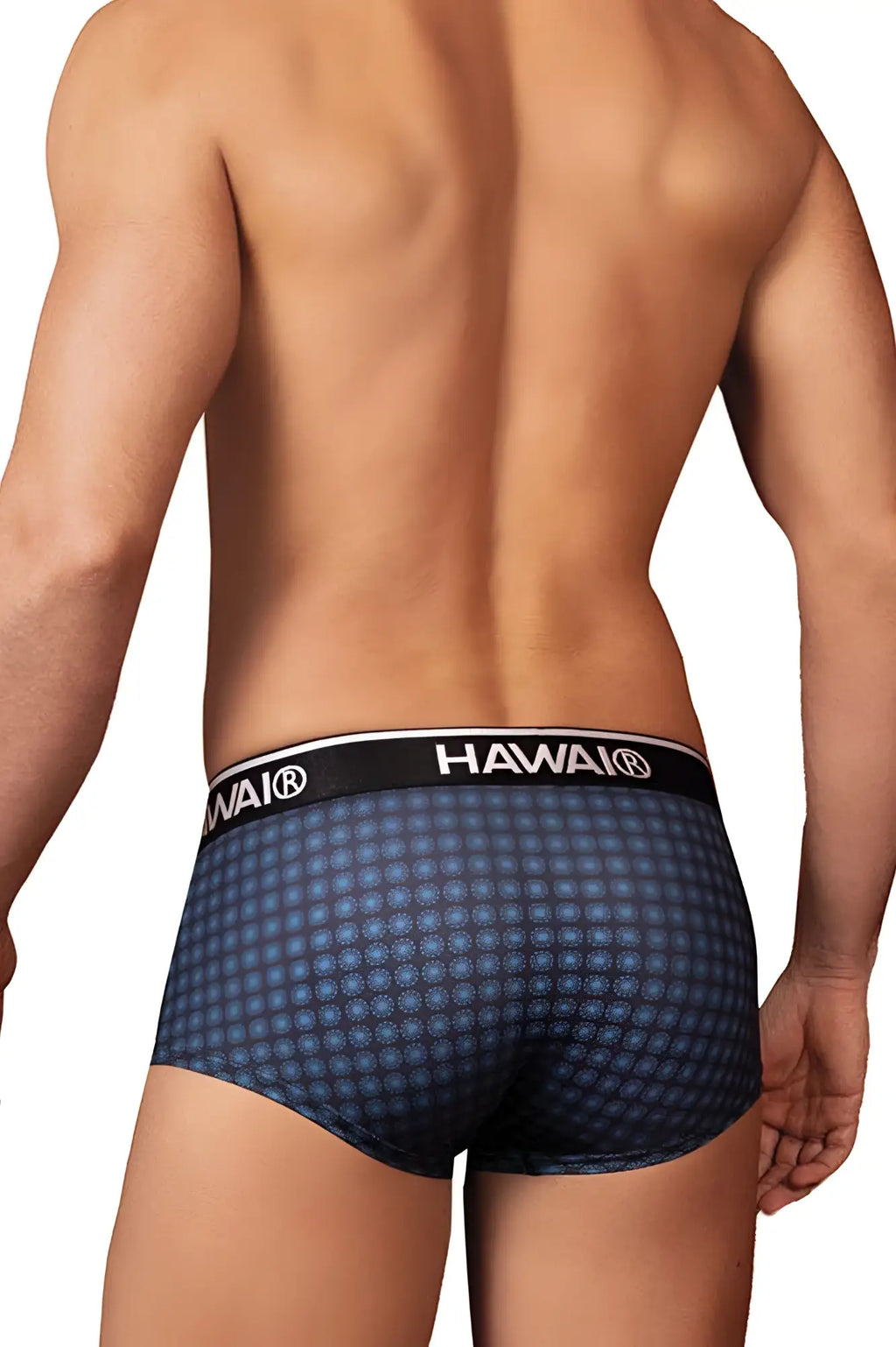 Dark blue patterned men’s briefs with black waistband branded hawaii in white lettering from hawai 42430 collection