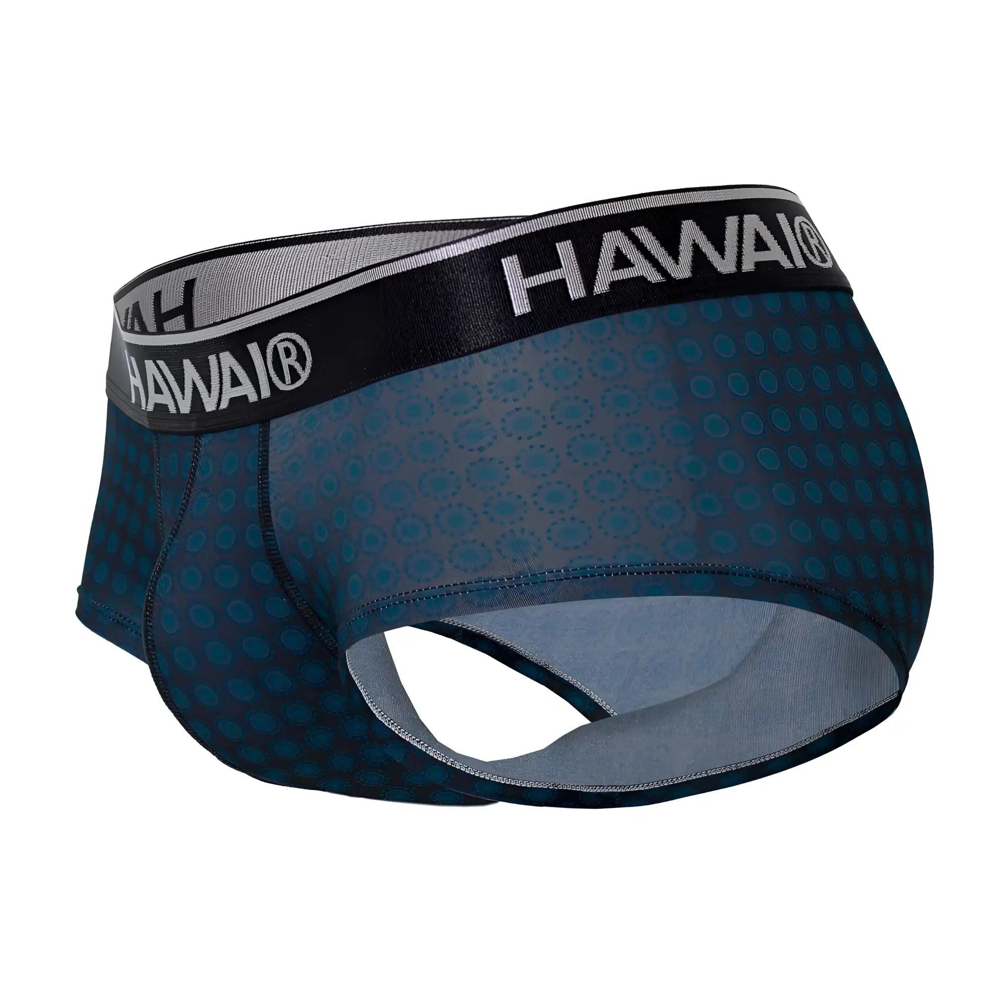 Dark blue patterned men’s briefs with black waistband featuring hawai logo in white color hawai 42430 printed briefs