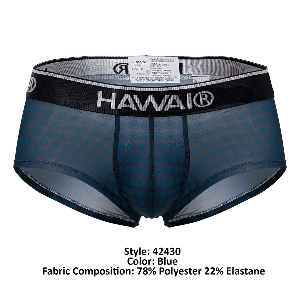 Blue patterned hawai men’s briefs with black waistband and subtle shell design in printed brief style hawa 42430