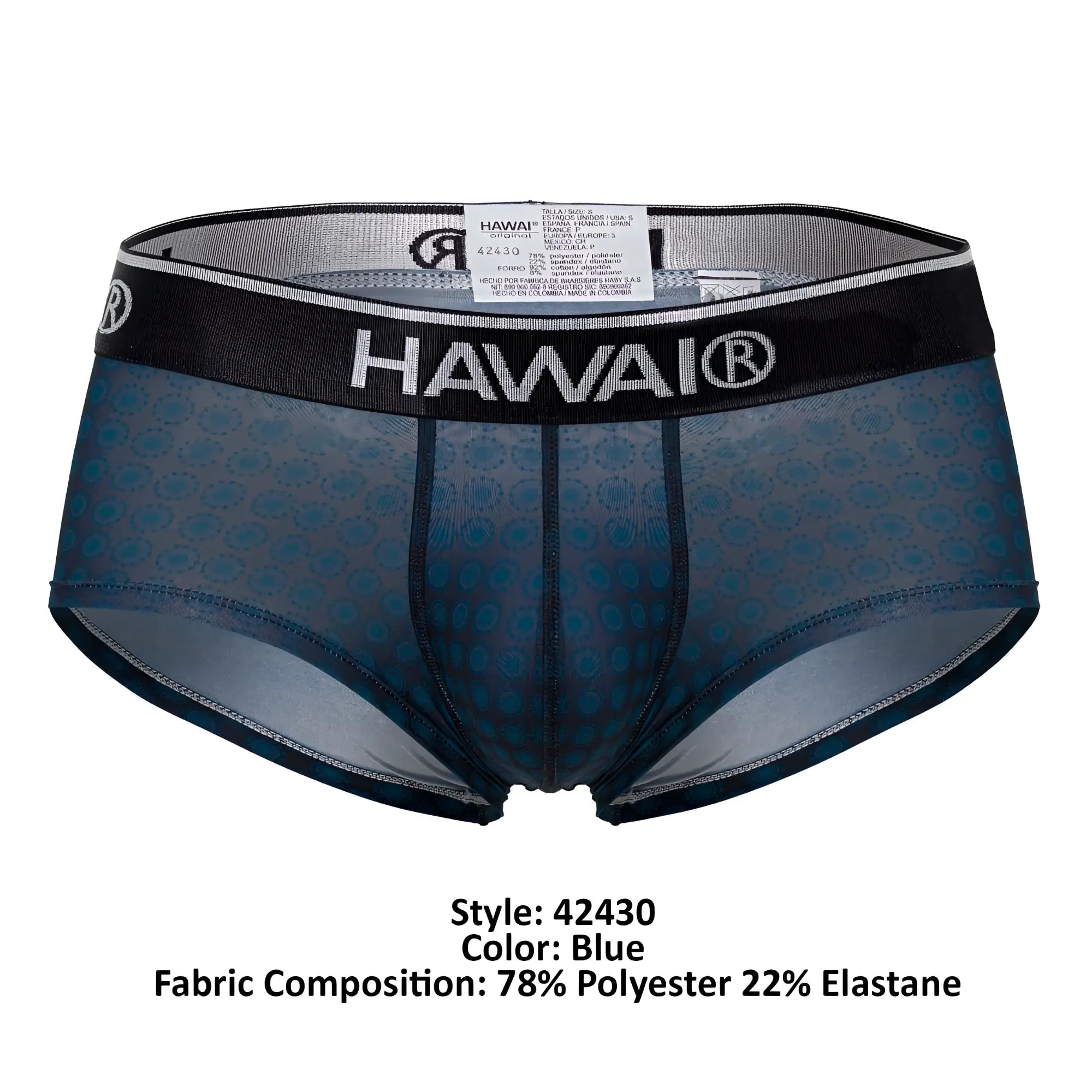 Blue patterned hawai men’s briefs with black waistband and subtle shell design in printed brief style hawa 42430