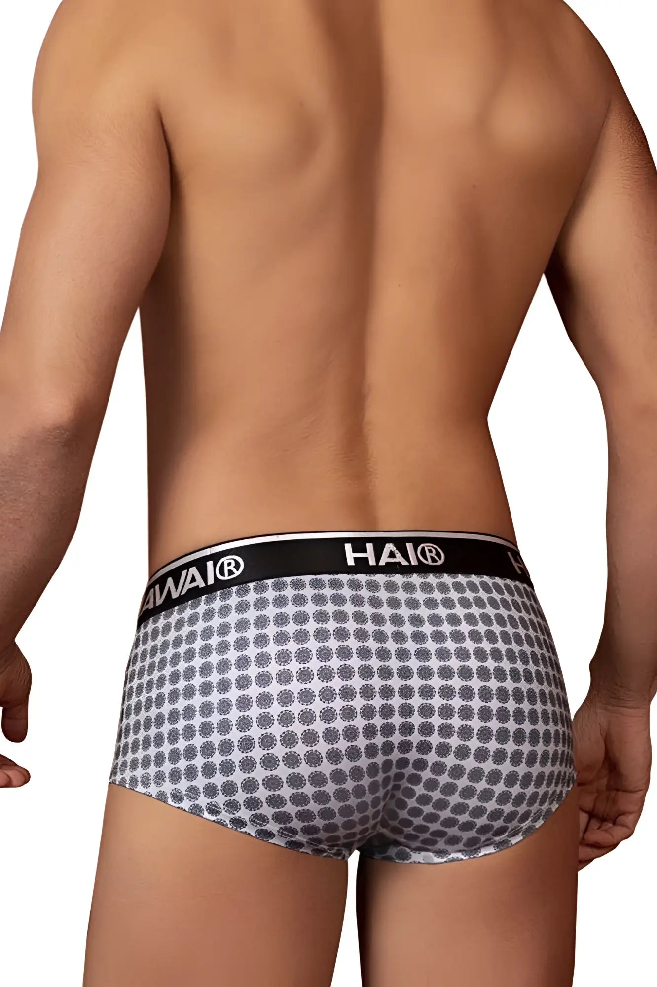 Gray patterned briefs with black waistband featuring hai brand logo from hawai 42430 printed briefs collection