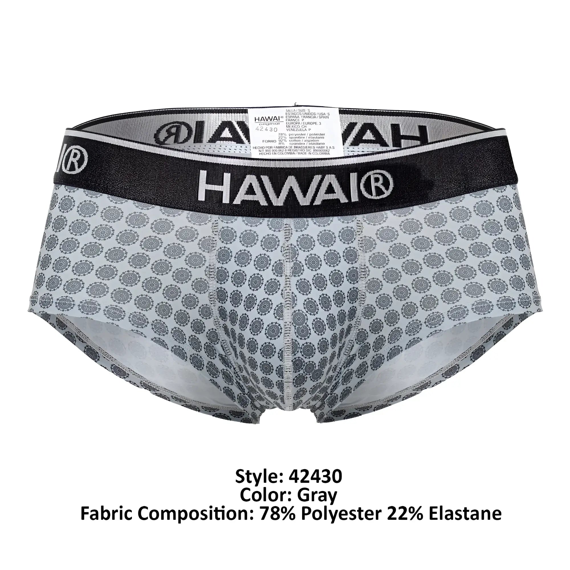 Gray patterned hawai 42430 printed briefs for men with black elastic waistband and white brand logo