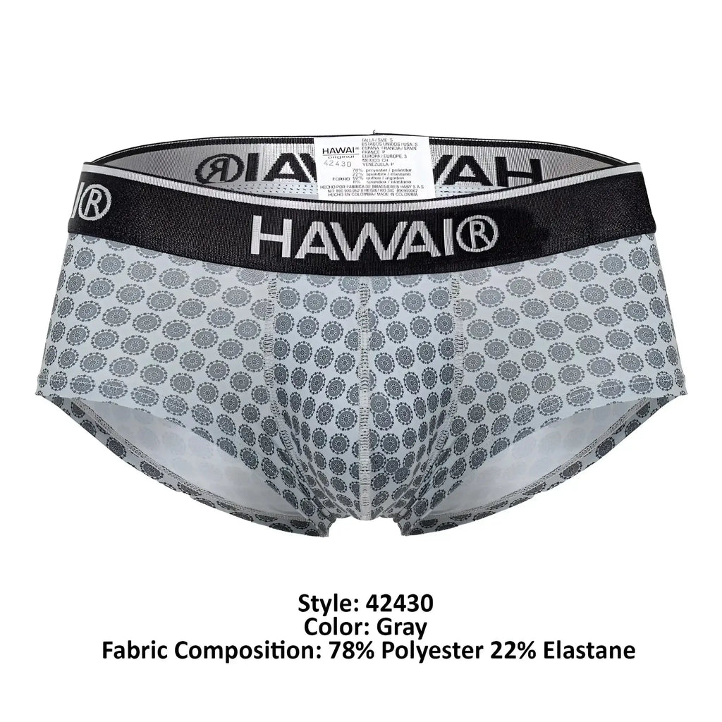 Gray patterned hawai 42430 printed briefs for men with black elastic waistband and white brand logo