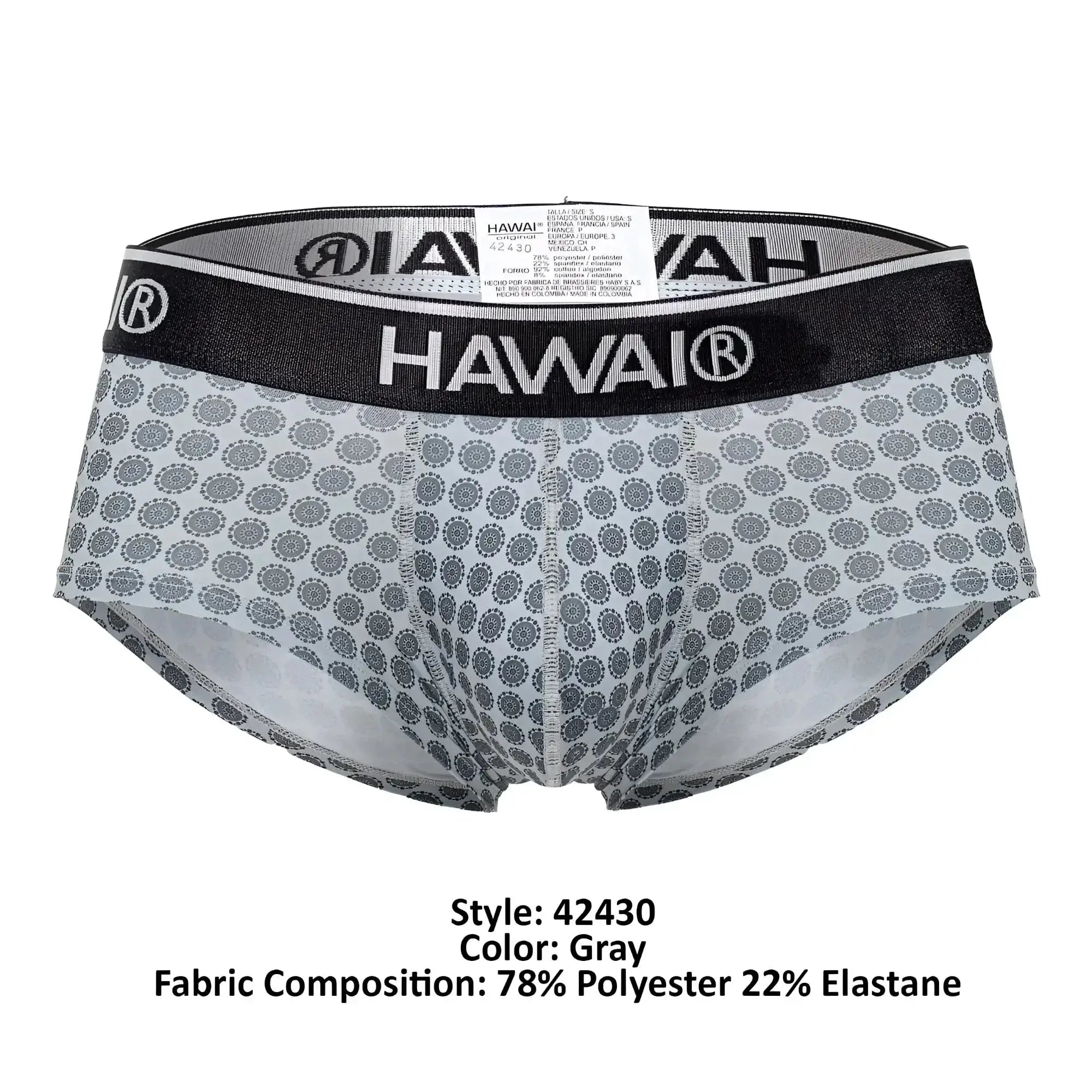 Gray patterned hawai 42430 printed briefs for men with black elastic waistband and white brand logo
