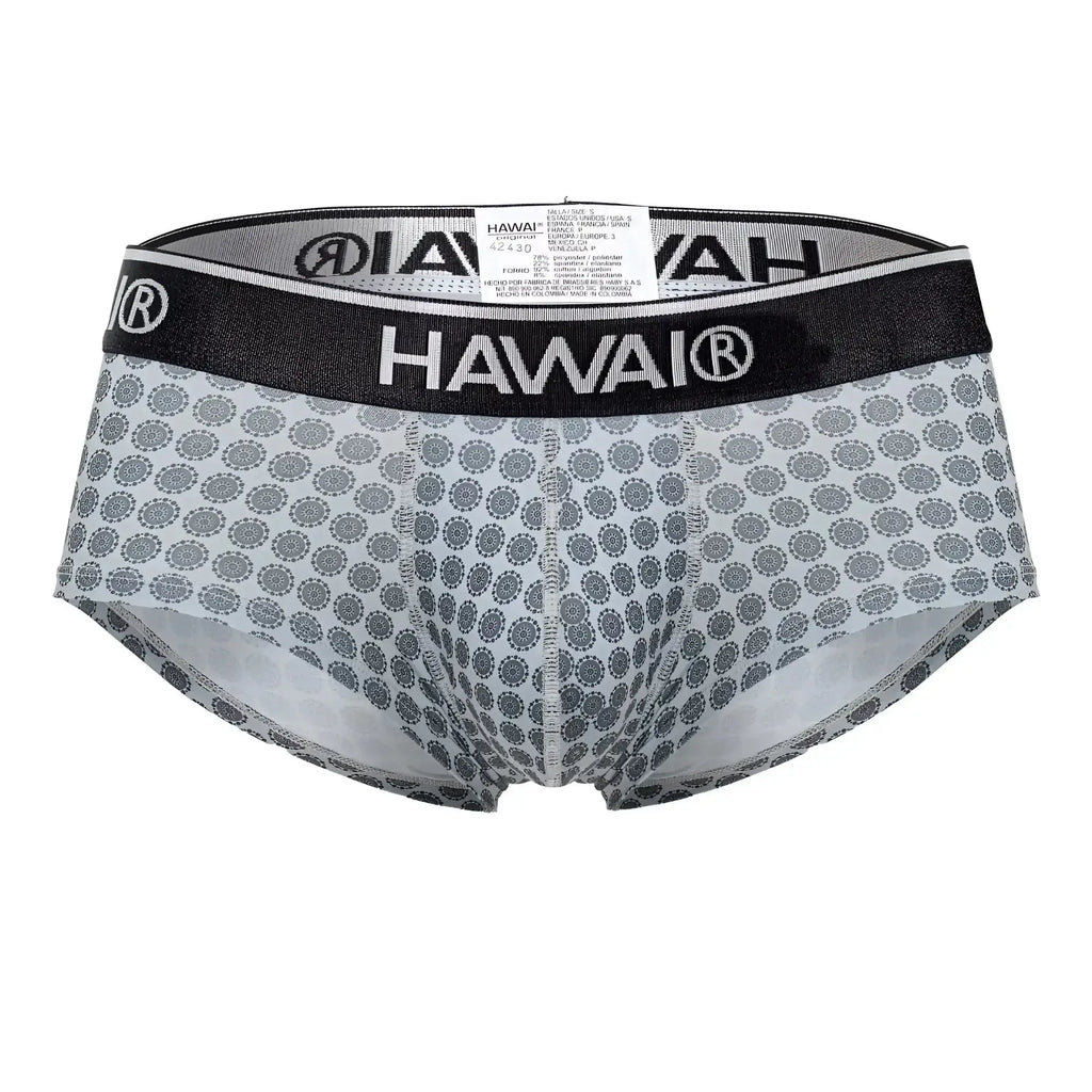Gray patterned men’s briefs with black waistband featuring Hawai brand name in white lettering, model 42430 printed briefs