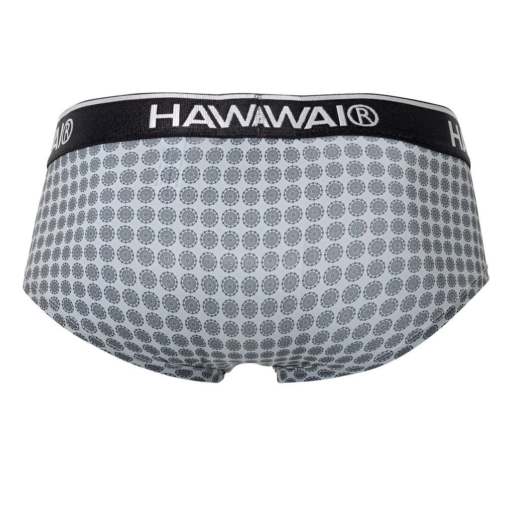 Gray patterned men’s briefs with black hawaii waistband in cotton blend for comfortable everyday wear