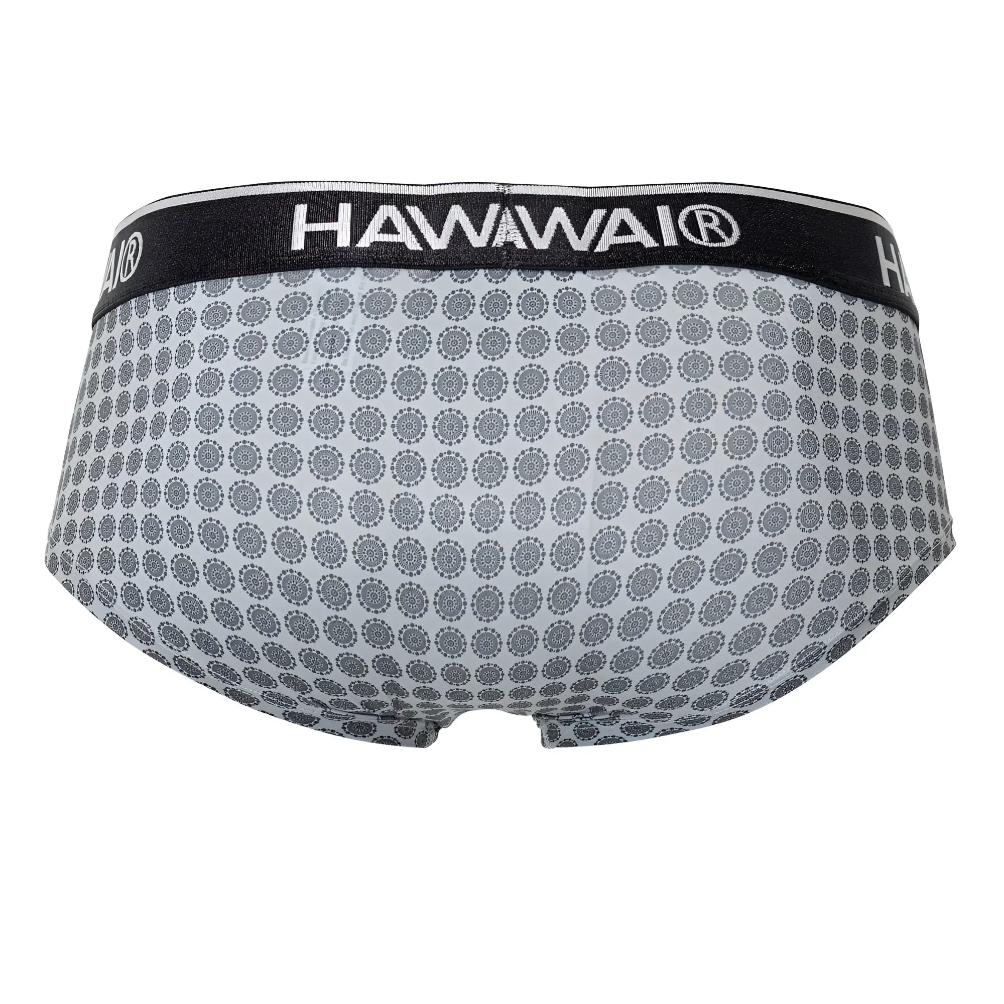 Gray patterned men’s briefs with black hawaii waistband in cotton blend for comfortable everyday wear