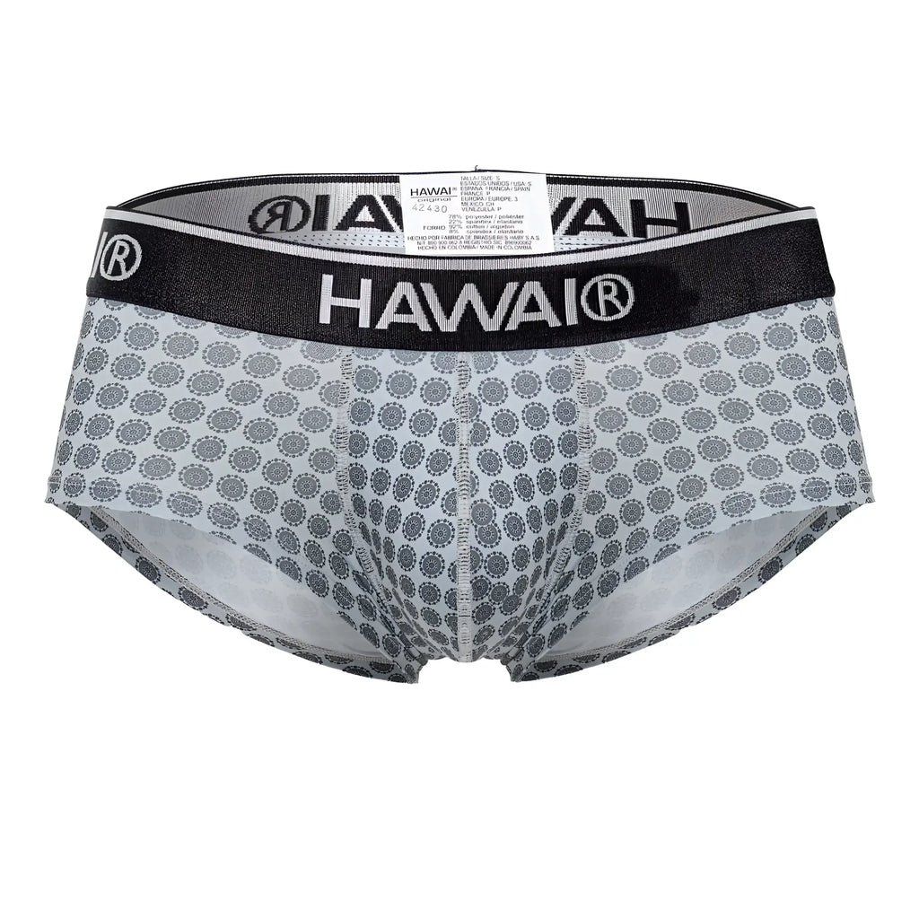 Gray patterned men’s briefs with black waistband featuring Hawai brand name in white lettering, model 42430 printed briefs