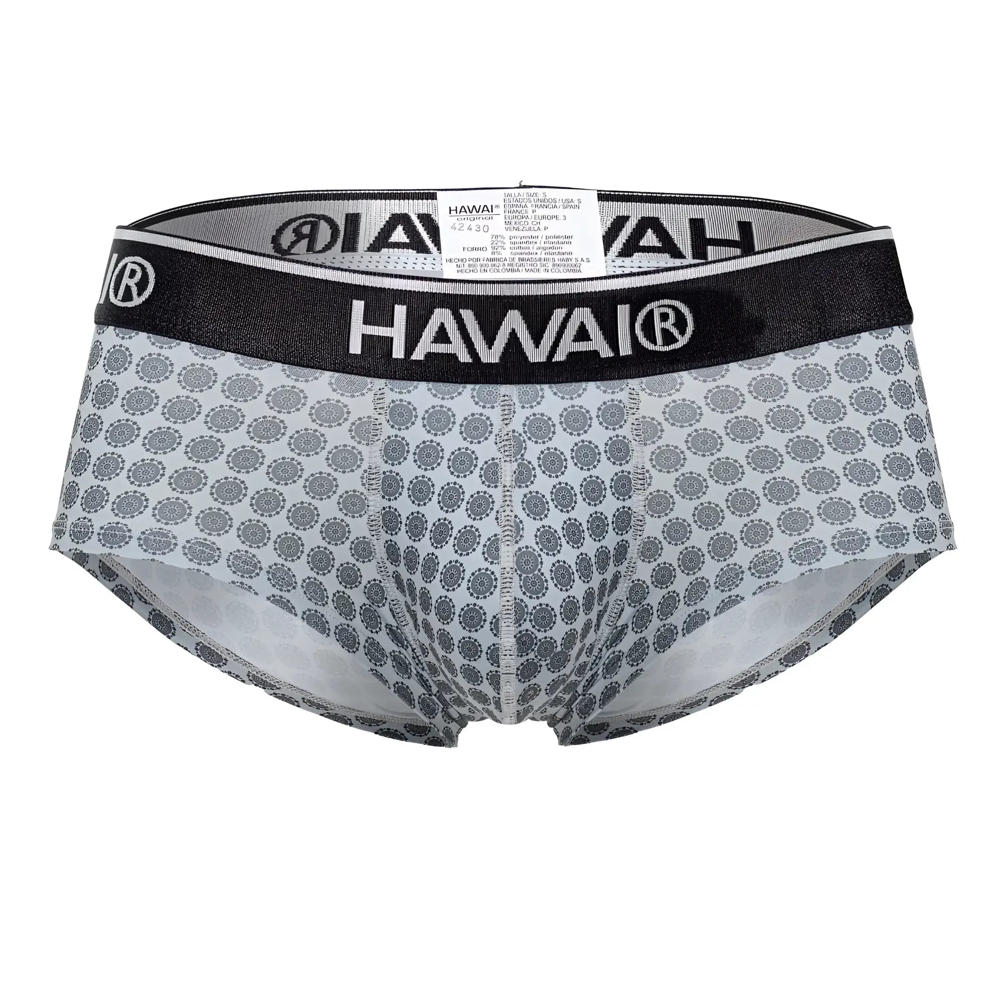 Gray patterned men’s briefs with black waistband featuring Hawai brand name in white lettering, model 42430 printed briefs