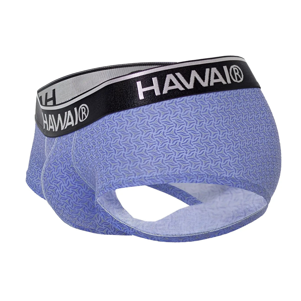 Blue patterned hawai 42431 printed men’s briefs with black waistband and white lettering in a comfortable fabric