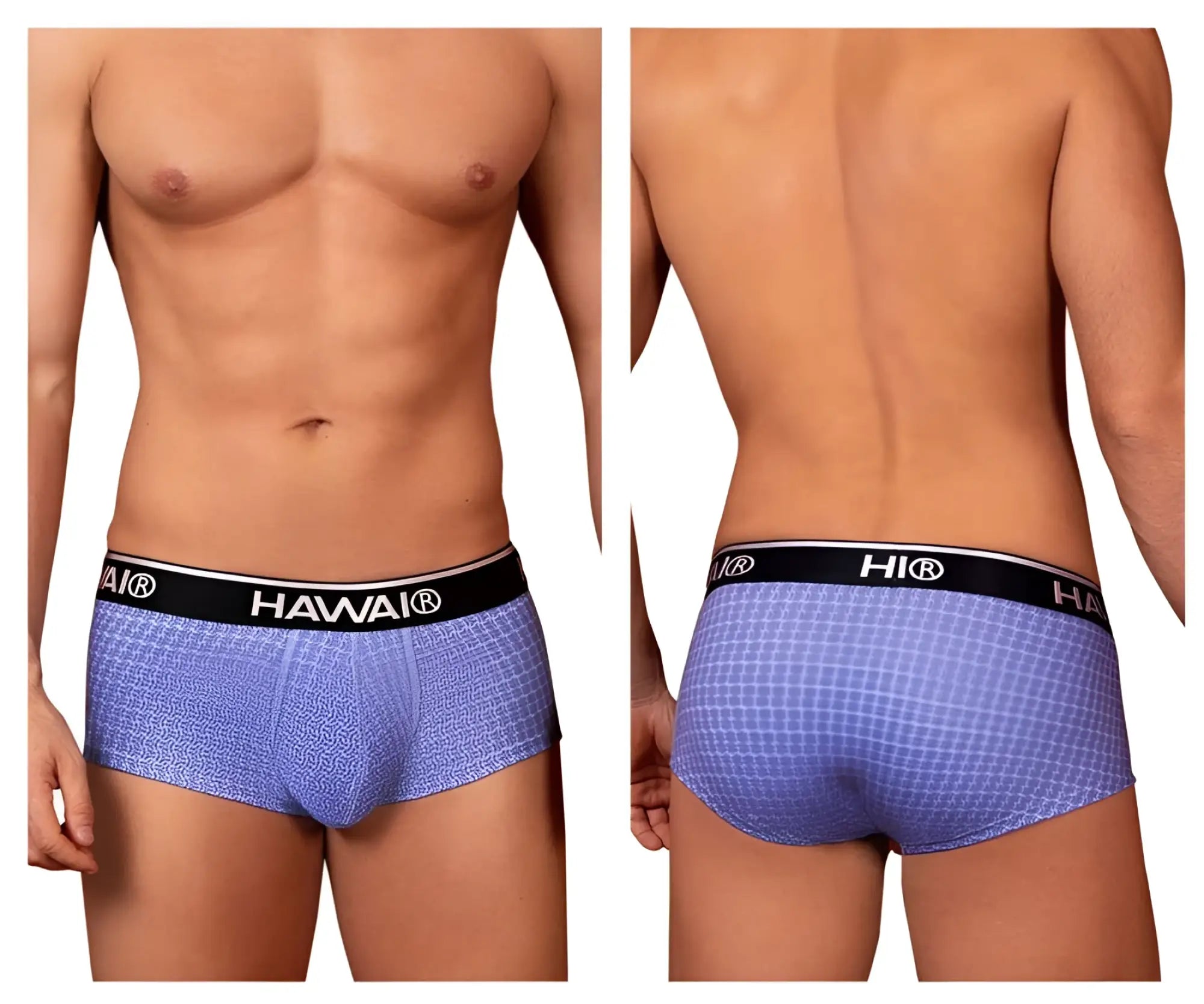 Blue patterned hawai men’s briefs with black elastic waistband featuring hawai logo in blue color