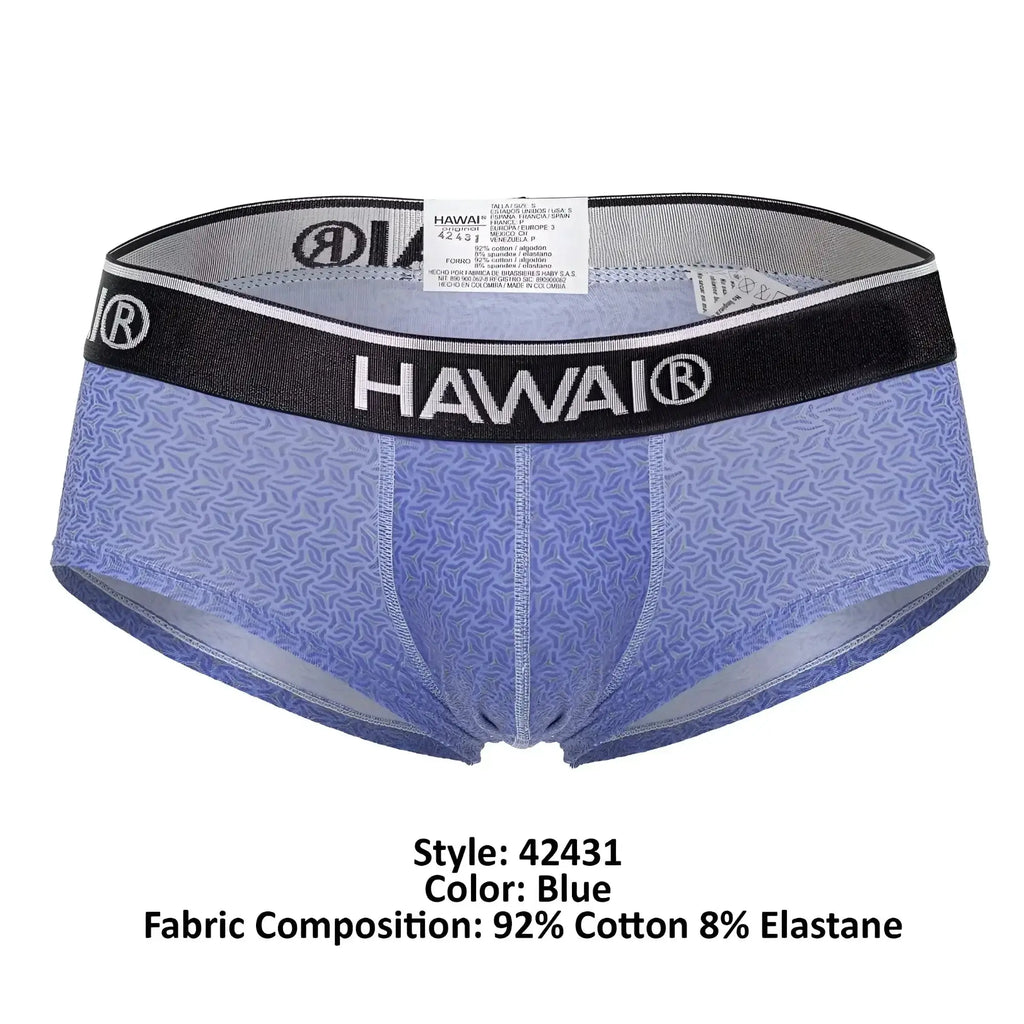 Blue patterned men’s briefs with black waistband featuring hawai brand name in white lettering.
