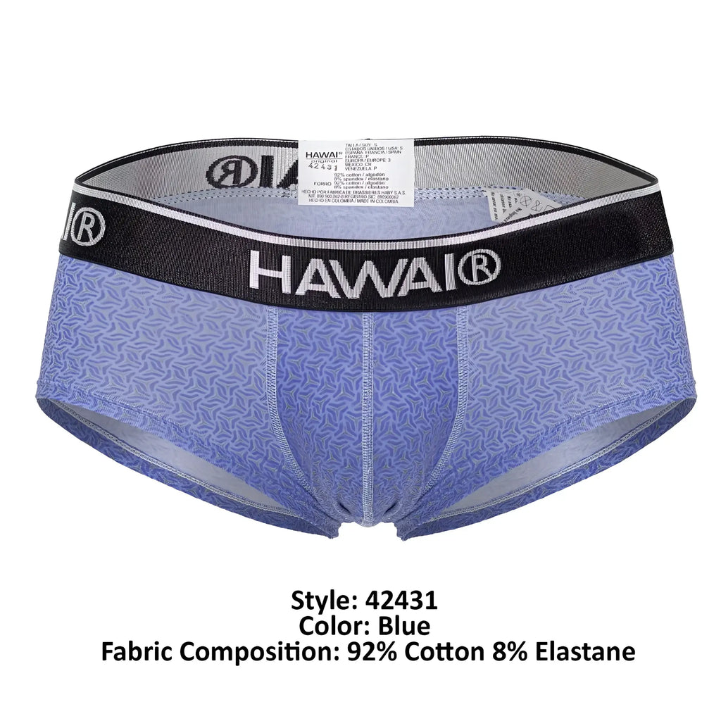 Blue patterned men’s briefs with black waistband featuring hawai brand name in white lettering model hawai 42431 printed briefs