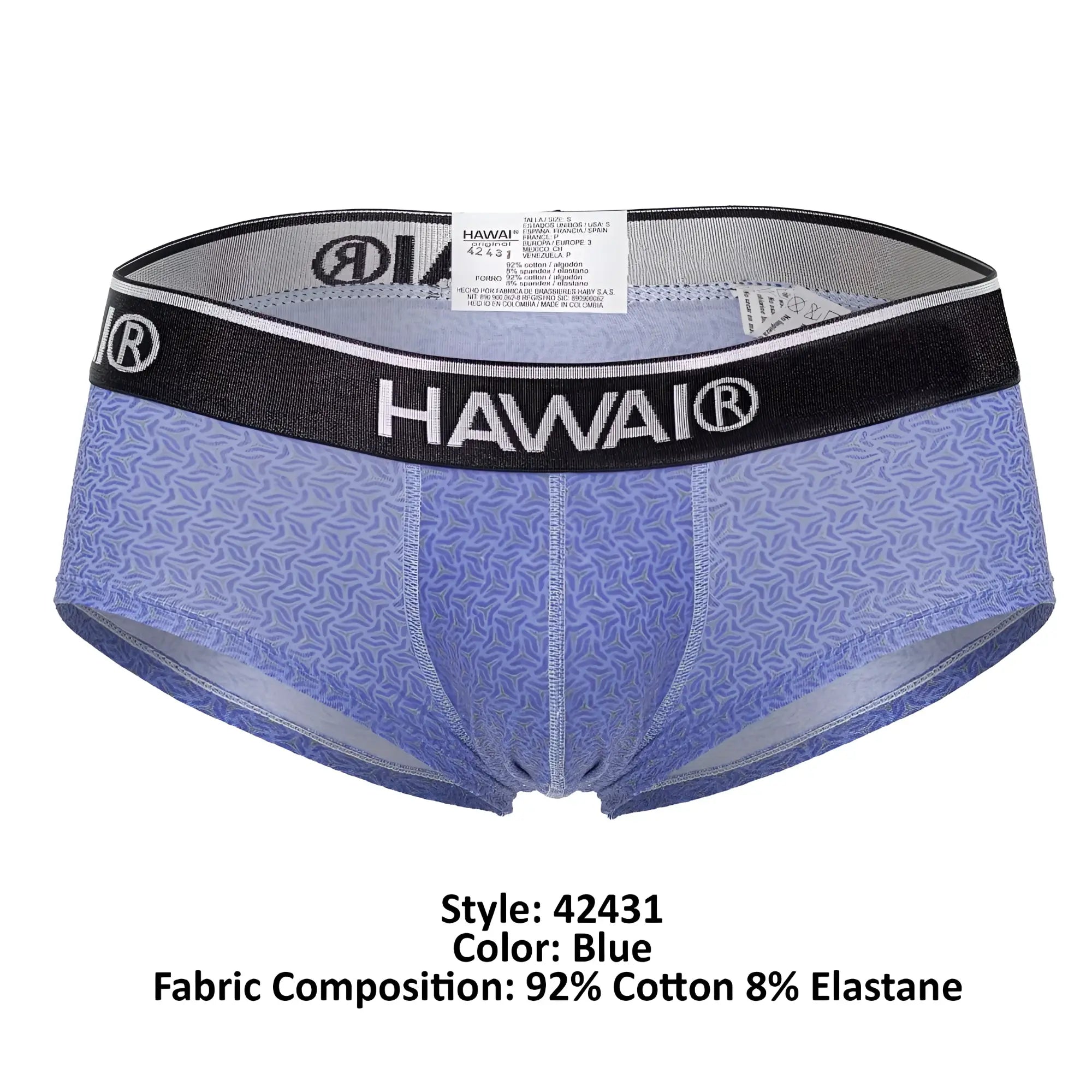 Blue patterned men’s briefs with black waistband featuring hawai brand name in white lettering model hawai 42431 printed briefs