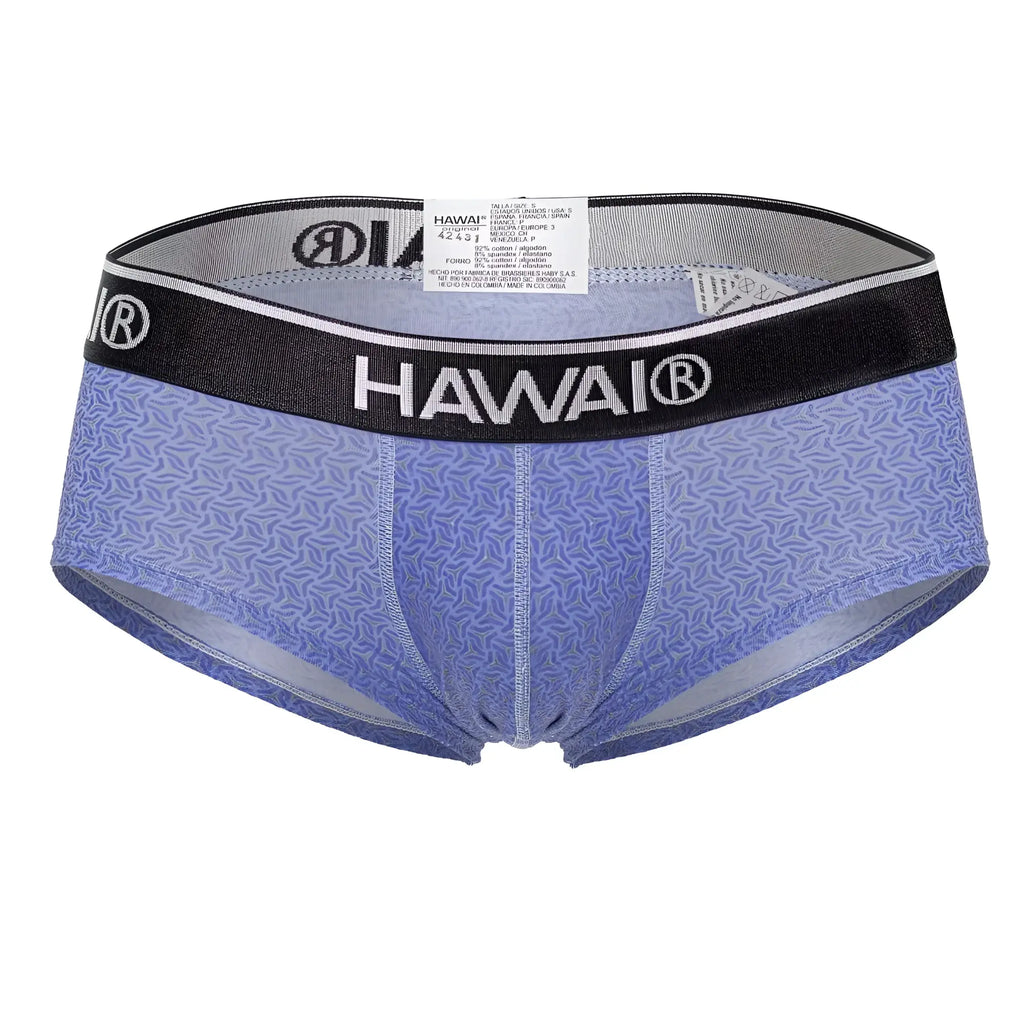 Blue patterned men’s briefs with black waistband featuring hawai brand name in white lettering model 42431