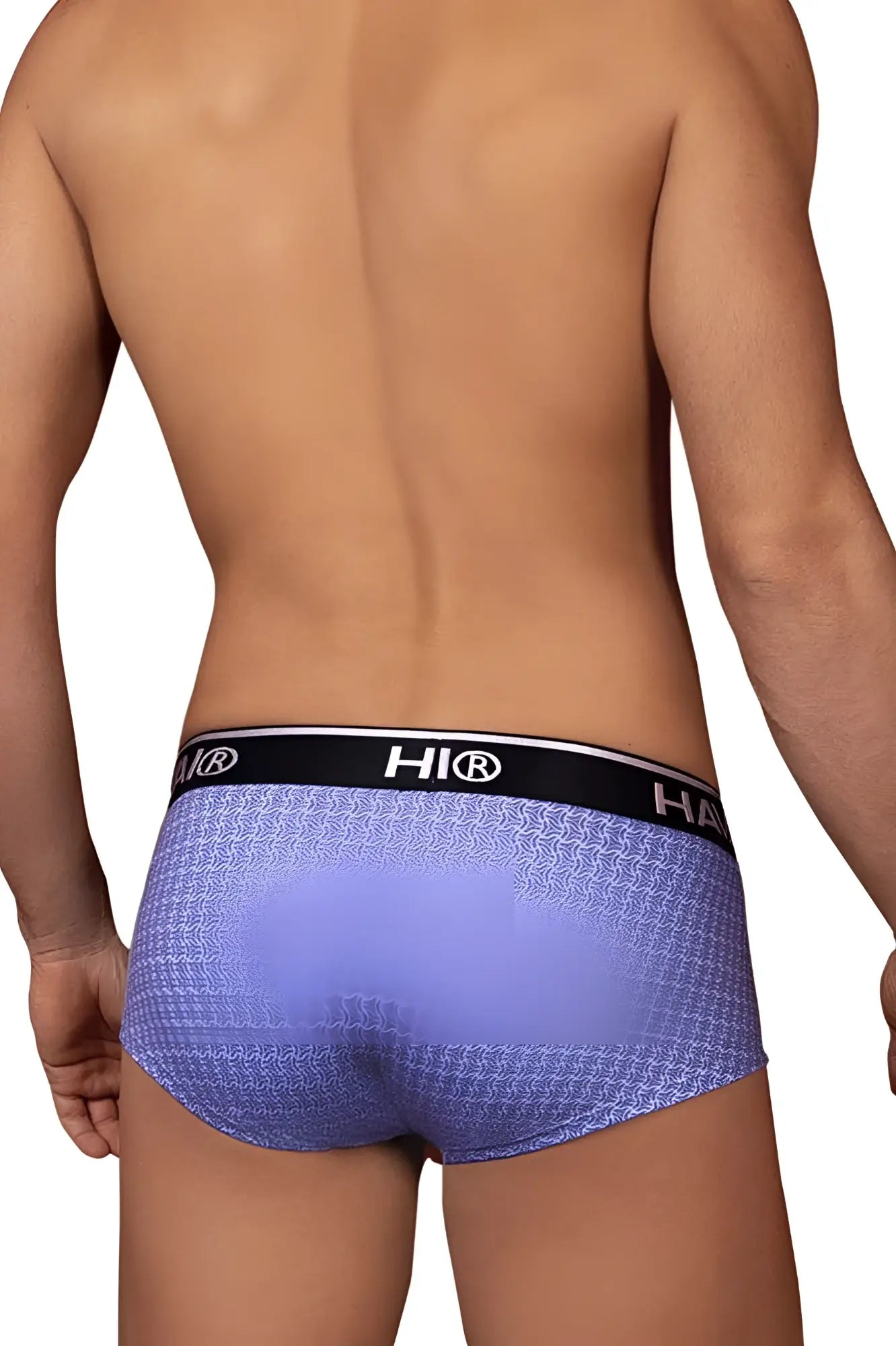 Purple patterned hawaï 42431 printed briefs with black waistband featuring hi logo in blue color