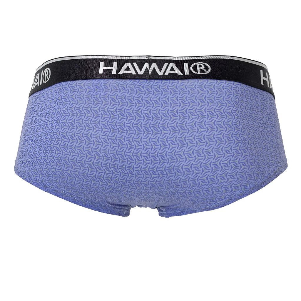 Purple patterned hawai 42431 printed briefs in blue with a black waistband featuring white lettering