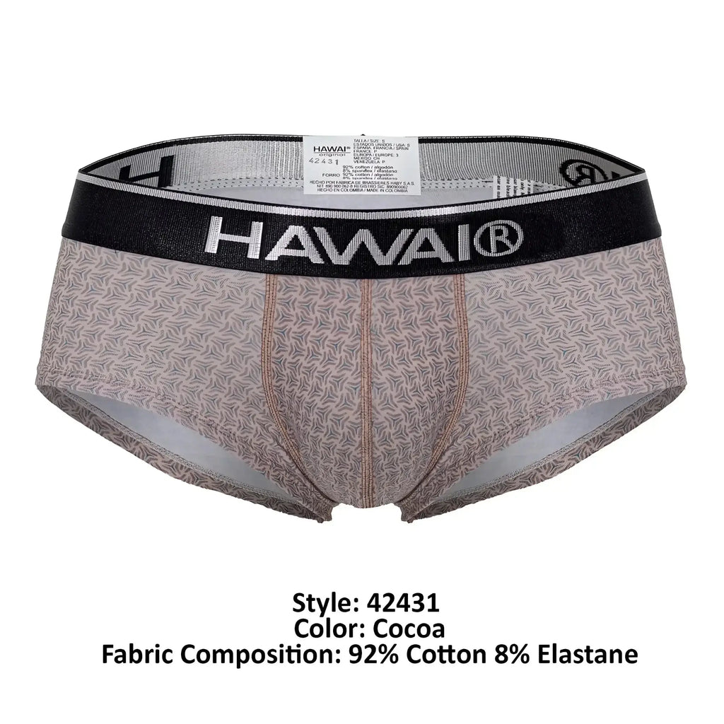 Cocoa-colored hawai 42431 printed briefs with subtle leaf pattern and black elastic waistband featuring brand logo
