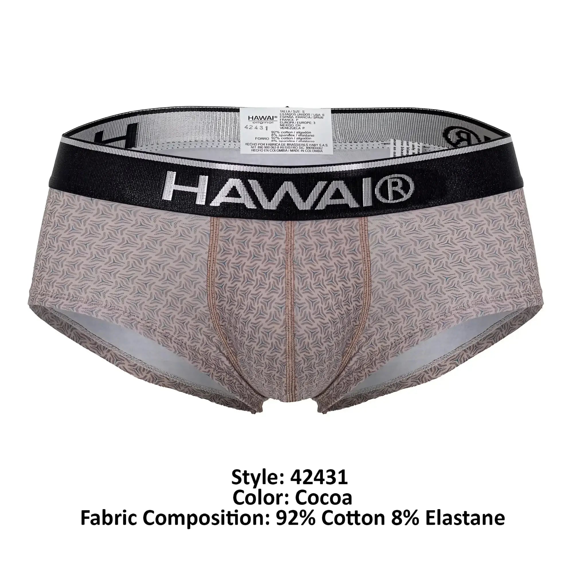Cocoa-colored hawai 42431 printed briefs with subtle leaf pattern and black elastic waistband featuring brand logo