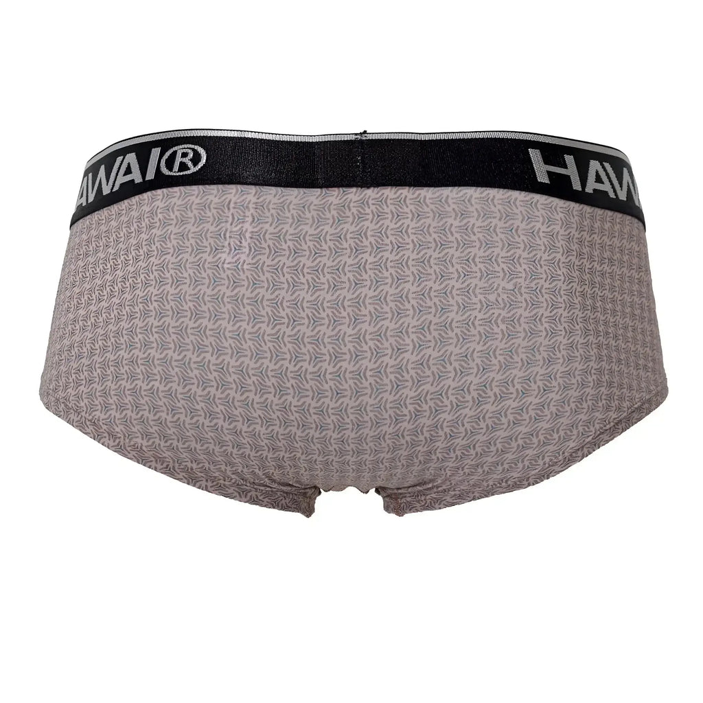 Gray patterned briefs with a black waistband featuring the hawai brand name in white color cocoa printed design