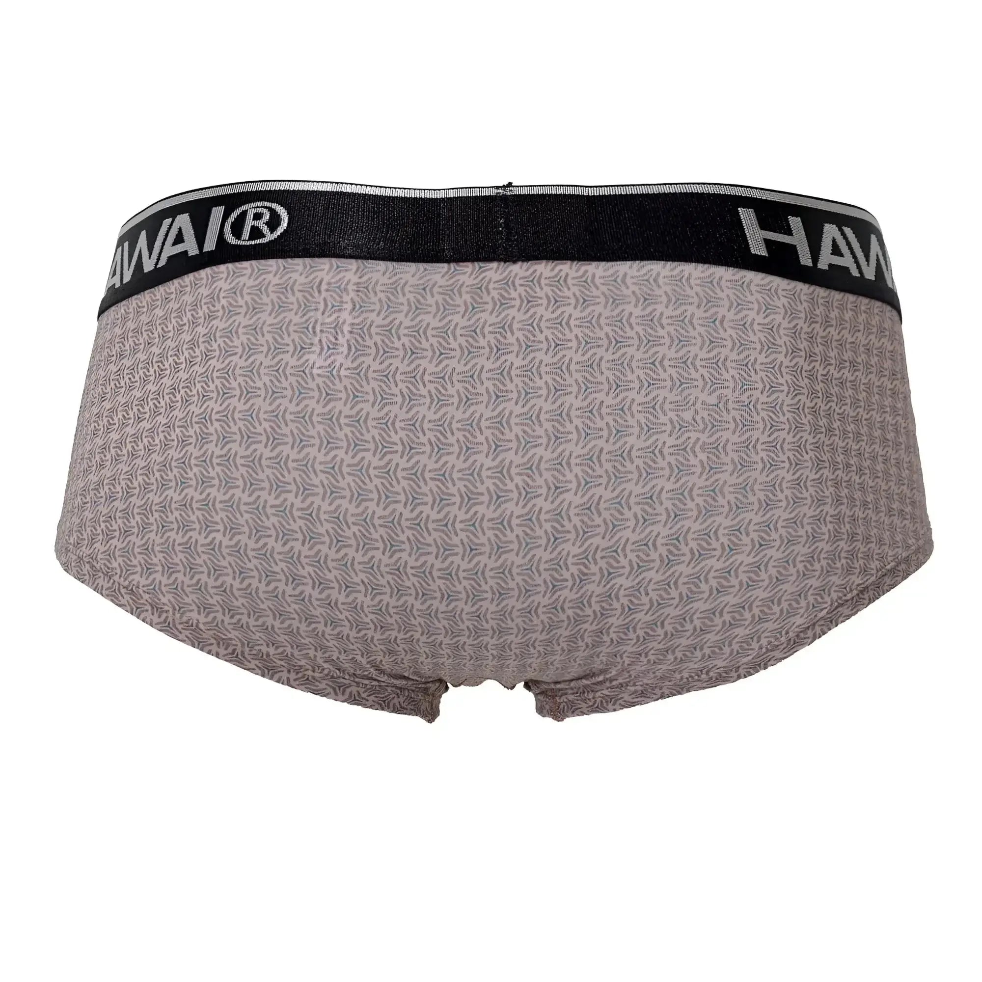 Gray patterned briefs with a black waistband featuring the hawai brand name in white color cocoa printed design