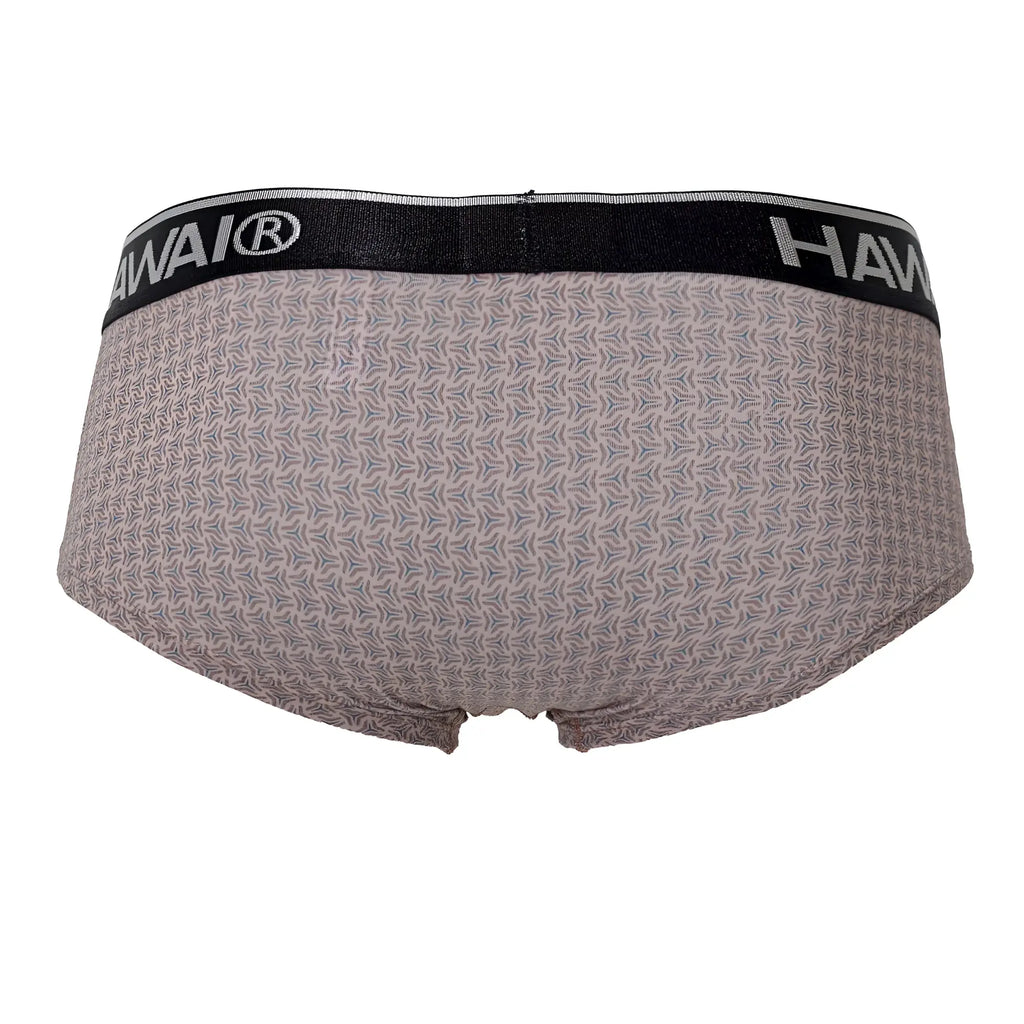 Gray patterned briefs with a black waistband featuring the hawai brand name in white color cocoa printed design