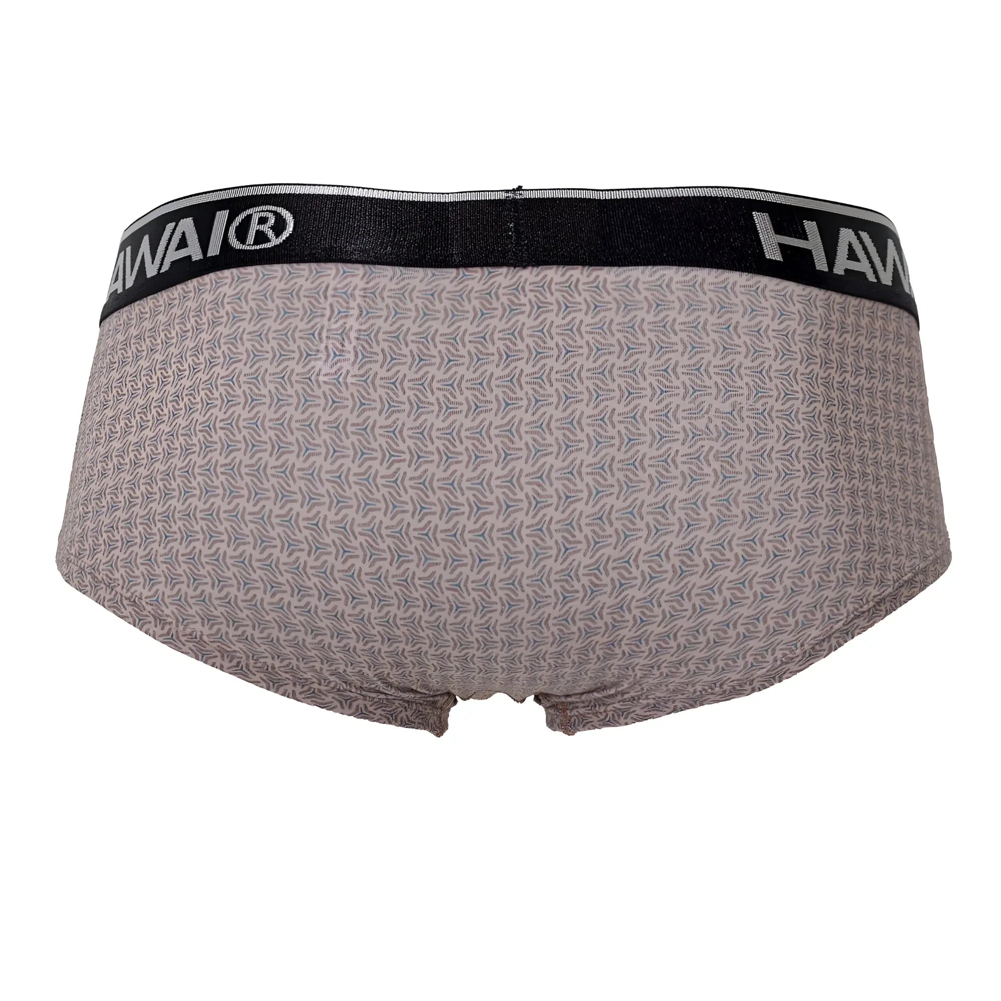 Gray patterned briefs with a black waistband featuring the hawai brand name in white color cocoa printed design