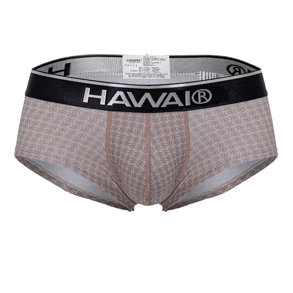 Hawaii 42431 printed men’s briefs in cocoa beige and gray leaf pattern with black elastic waistband