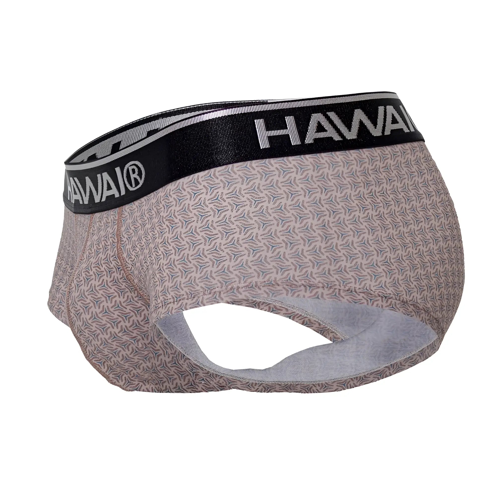 Hawai 42431 printed men’s briefs in beige cocoa fabric with subtle gray geometric pattern and black elastic waistband