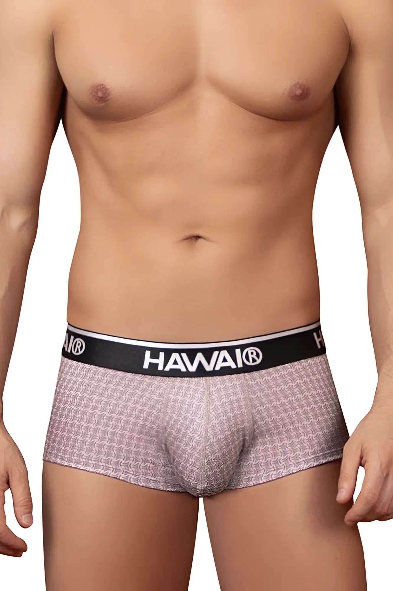 Hawai 42431 printed briefs in cocoa color with light pink and white geometric pattern and black waistband with logo