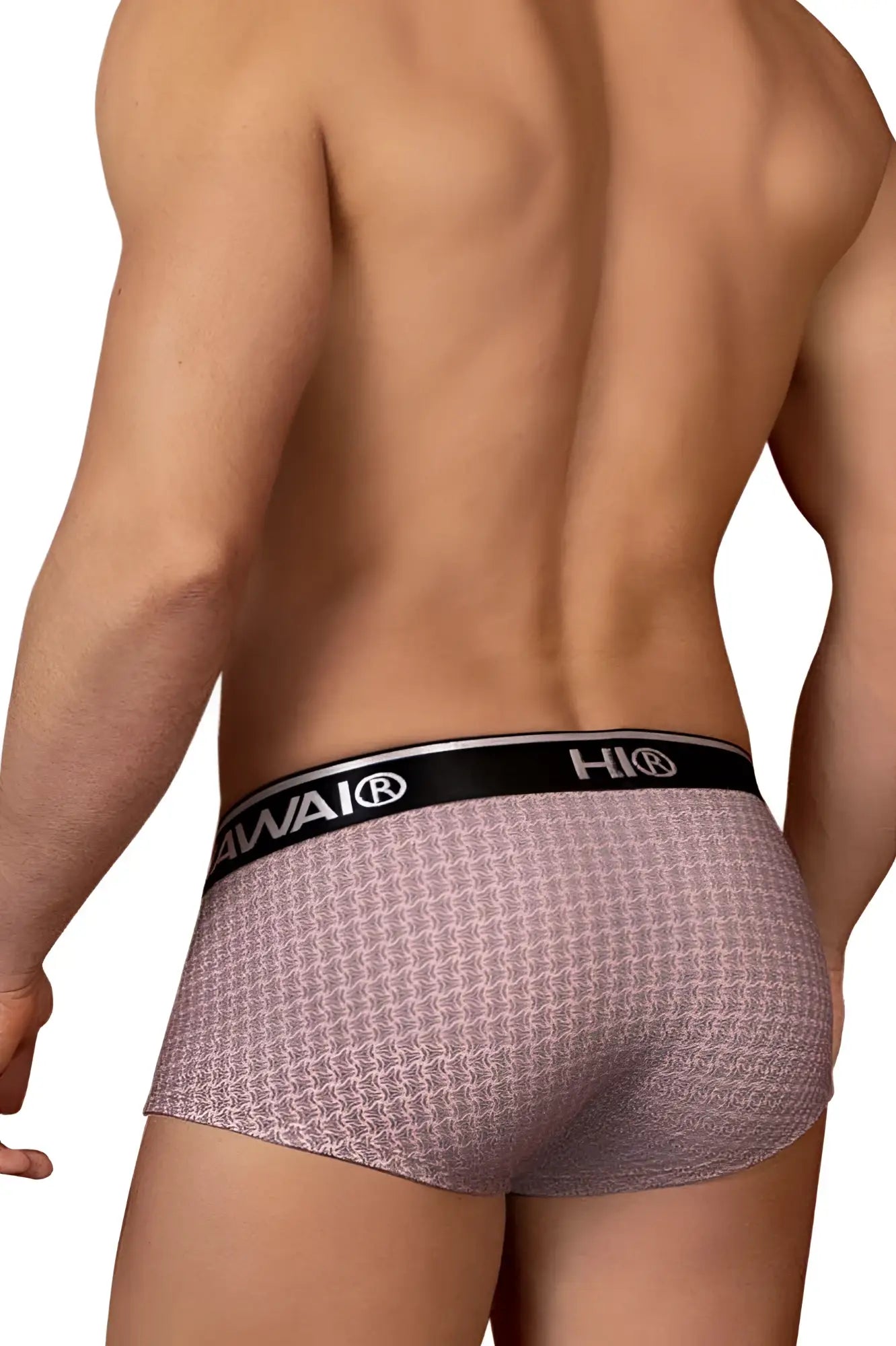 Pink patterned hawaI 42431 printed briefs in cocoa color with black waistband featuring brand logo