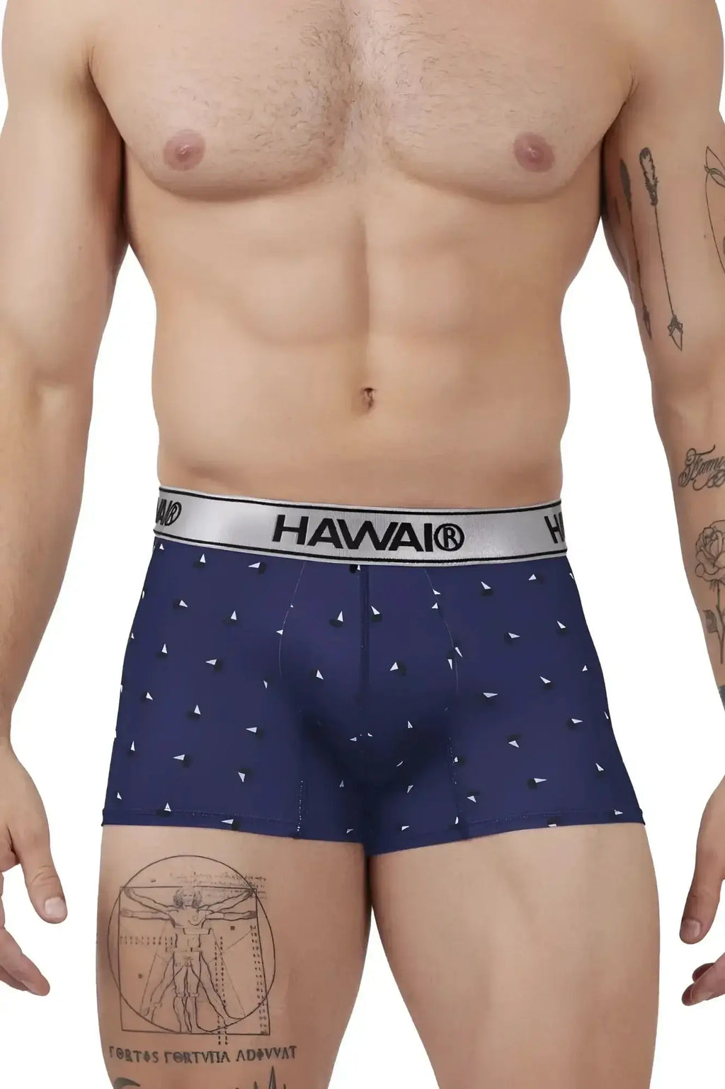 Navy blue hawair 42470 printed microfiber trunks with white triangle pattern and silver waistband for men