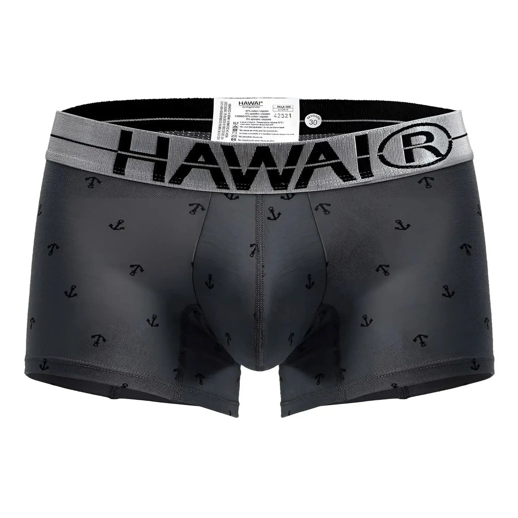 Gray hawai boxer briefs with black anchor pattern and gray waistband featuring brand logo in cotton blend trunks