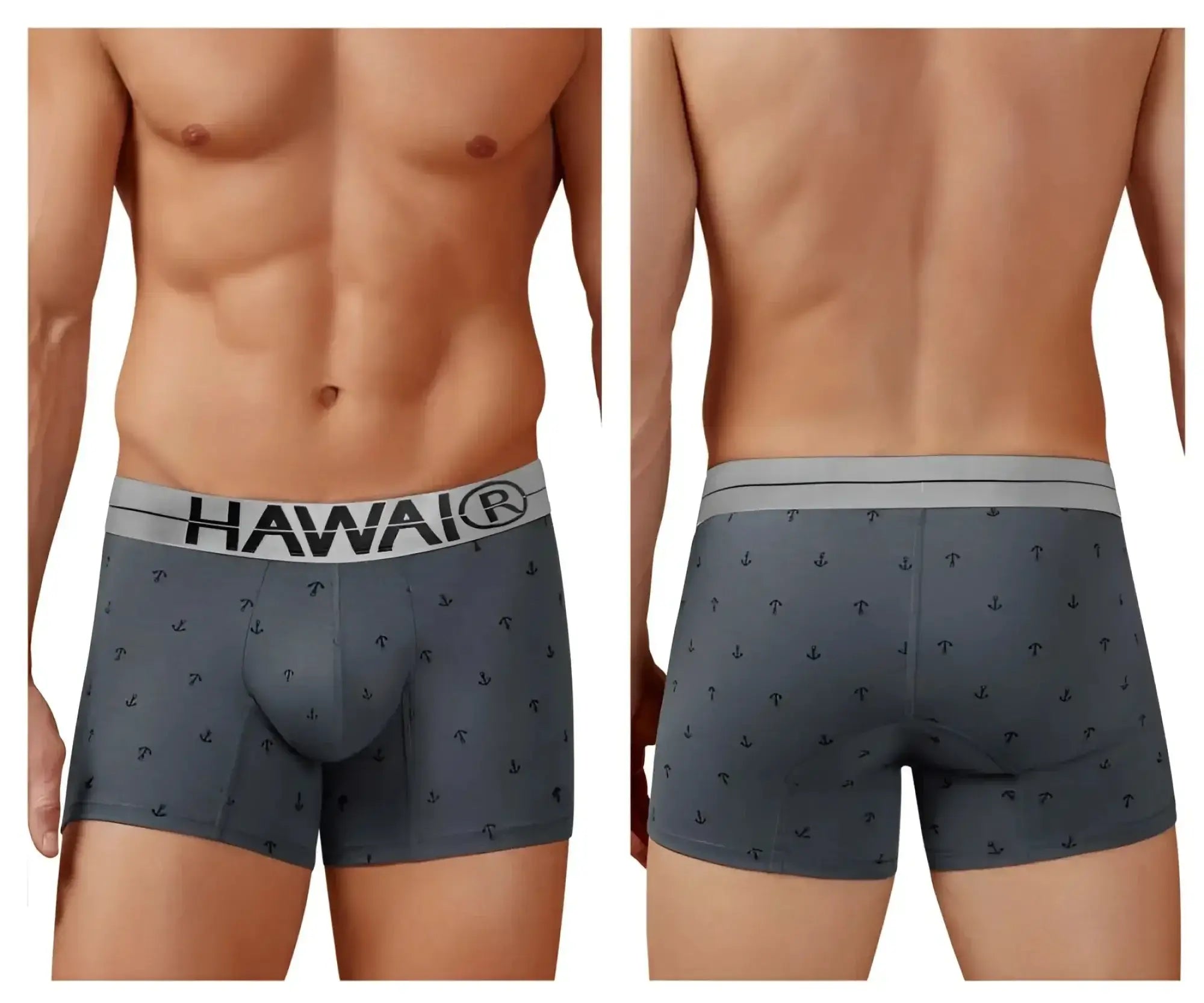Gray cotton blend boxer briefs with black anchor pattern and white waistband featuring hawaii brand name hawair 42521