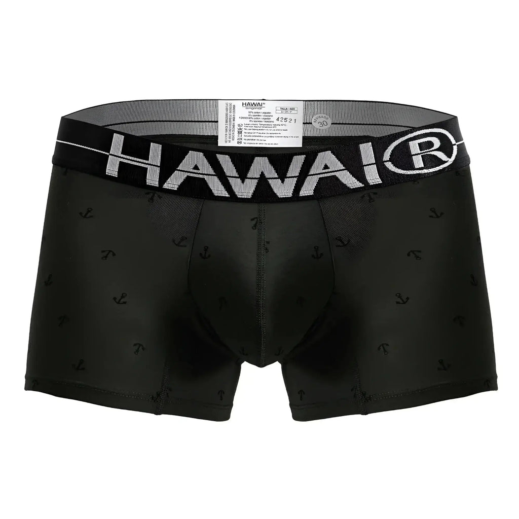Black hawai men’s boxer briefs in military green cotton blend with subtle anchor pattern and white logo waistband