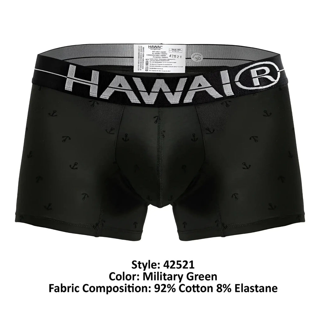 Black men’s boxer briefs in military green cotton blend with subtle anchor pattern and bold white hawai logo waistband