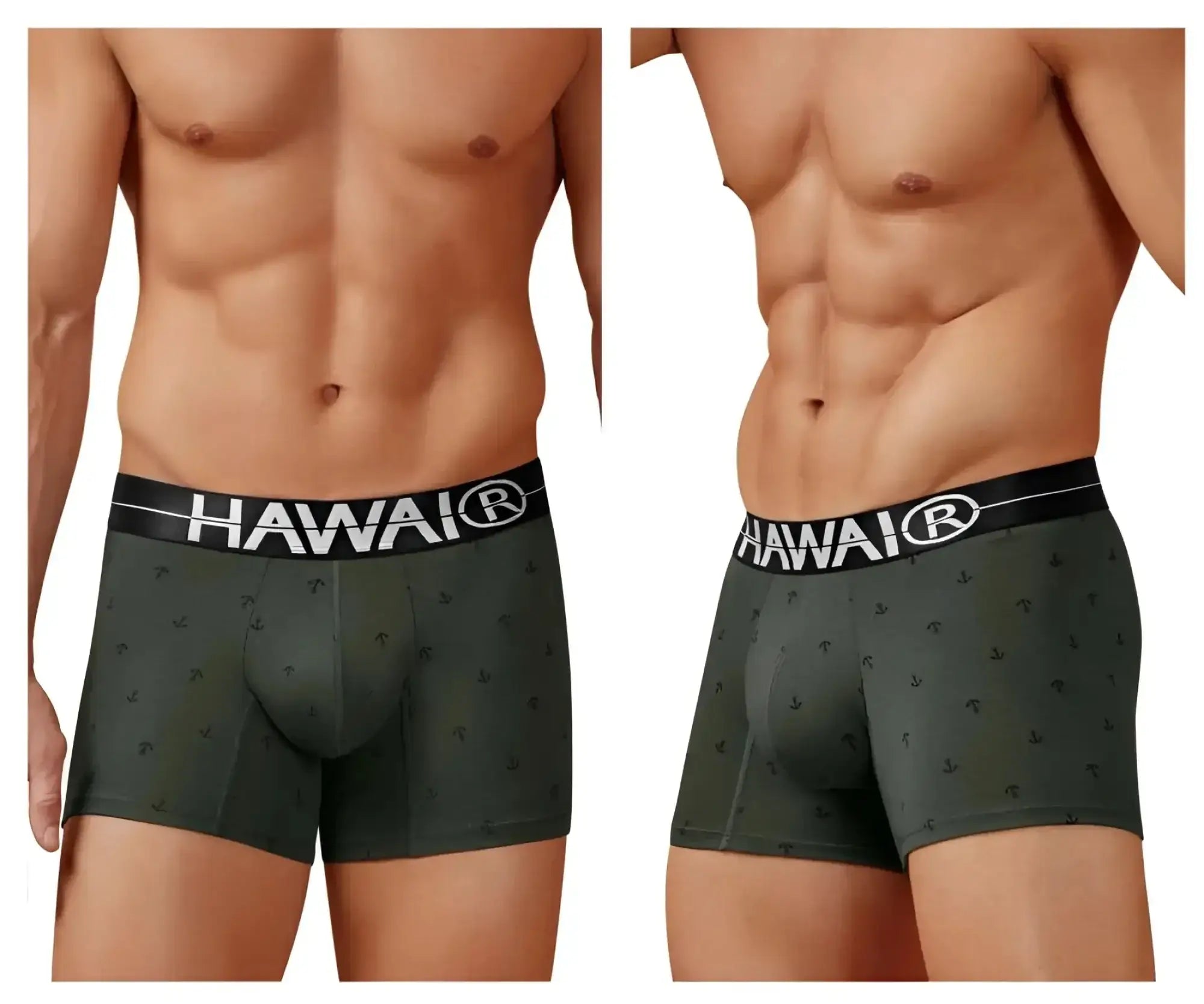 Dark green hawaiian men’s cotton blend boxer briefs with anchor pattern and black waistband featuring hawaii logo