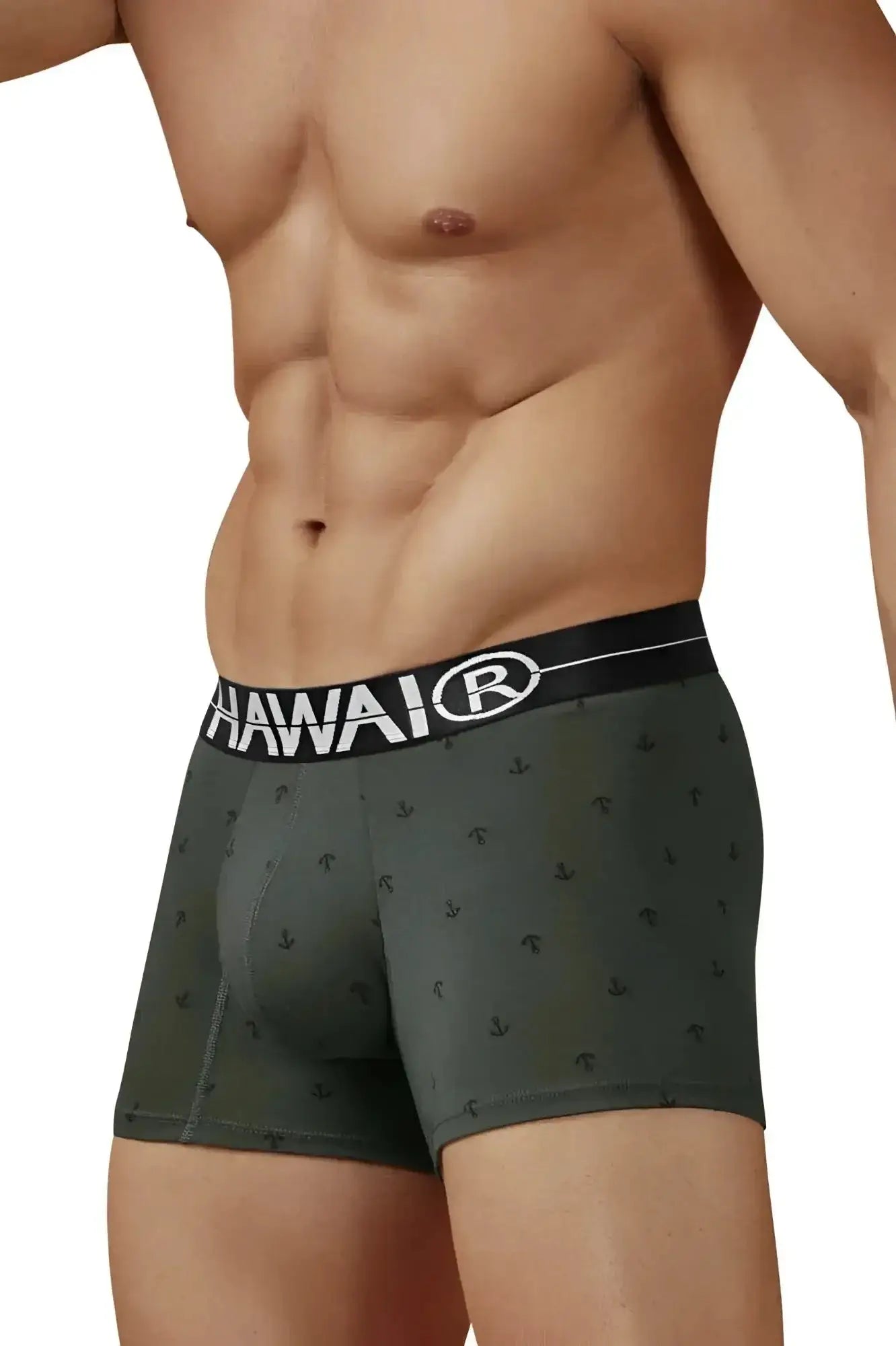 Dark green hawaii cotton blend trunks with anchor pattern and black waistband military green color