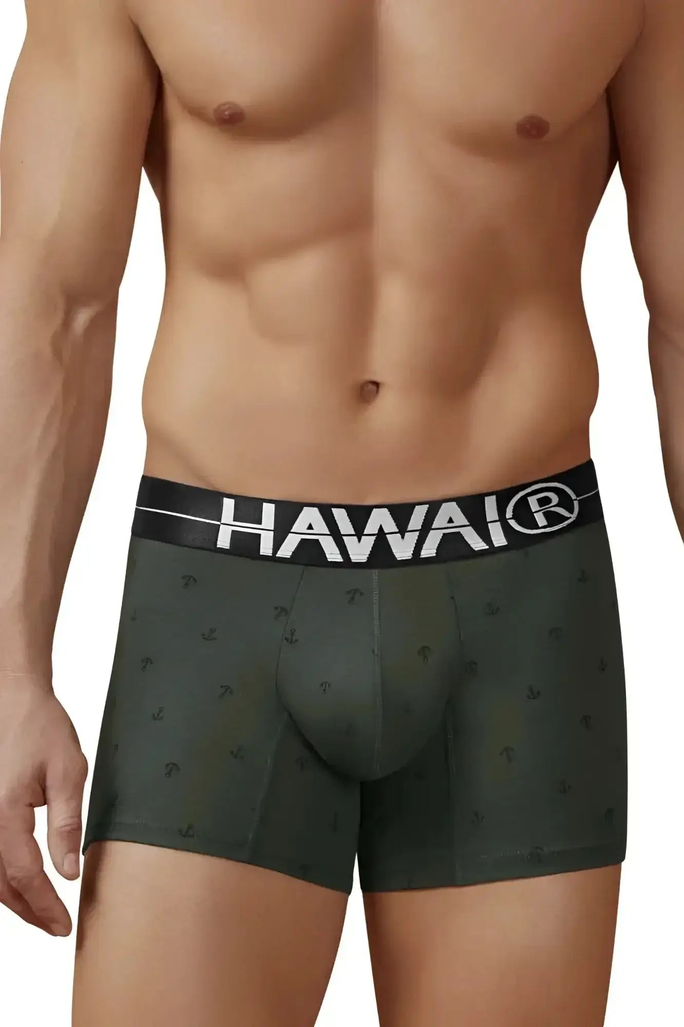 Dark green cotton blend boxer briefs with black waistband white hawaii logo and anchor patterns in military green