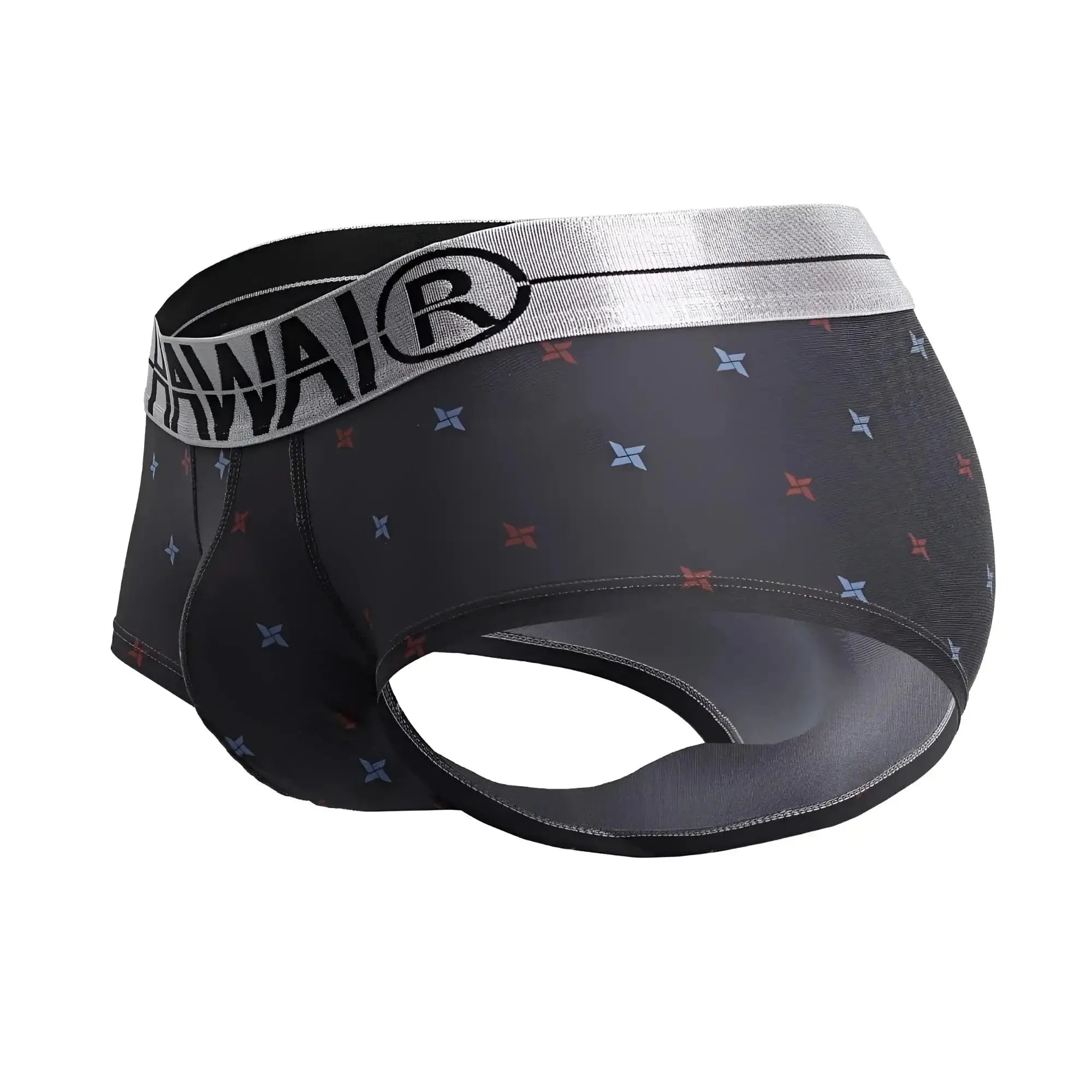 Black men’s microfiber briefs in gray with a silver hawai® waistband and red blue star patterns printed design