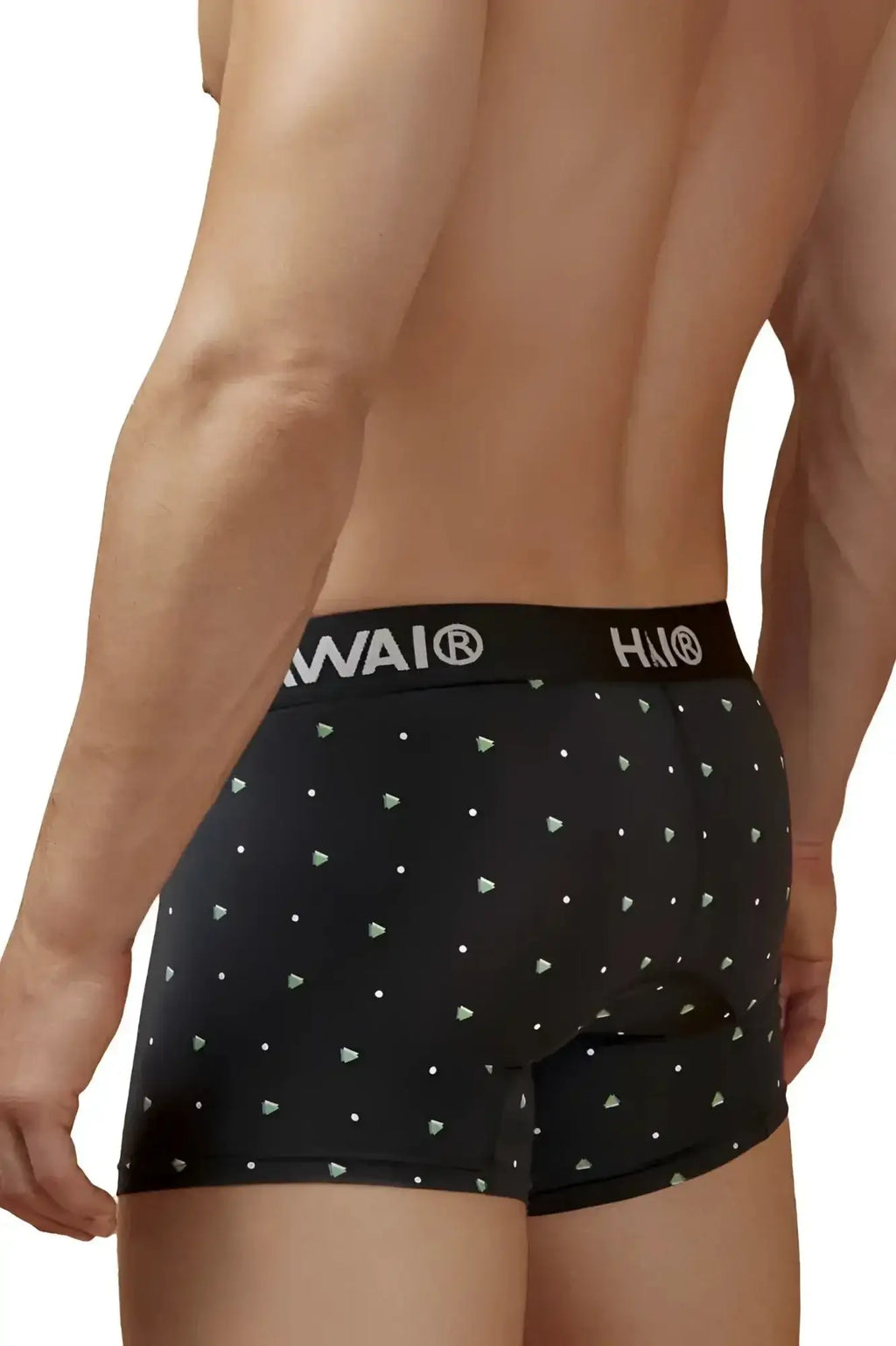 Black mens microfiber boxer briefs in black with light green and white triangle pattern and hawai branded waistband
